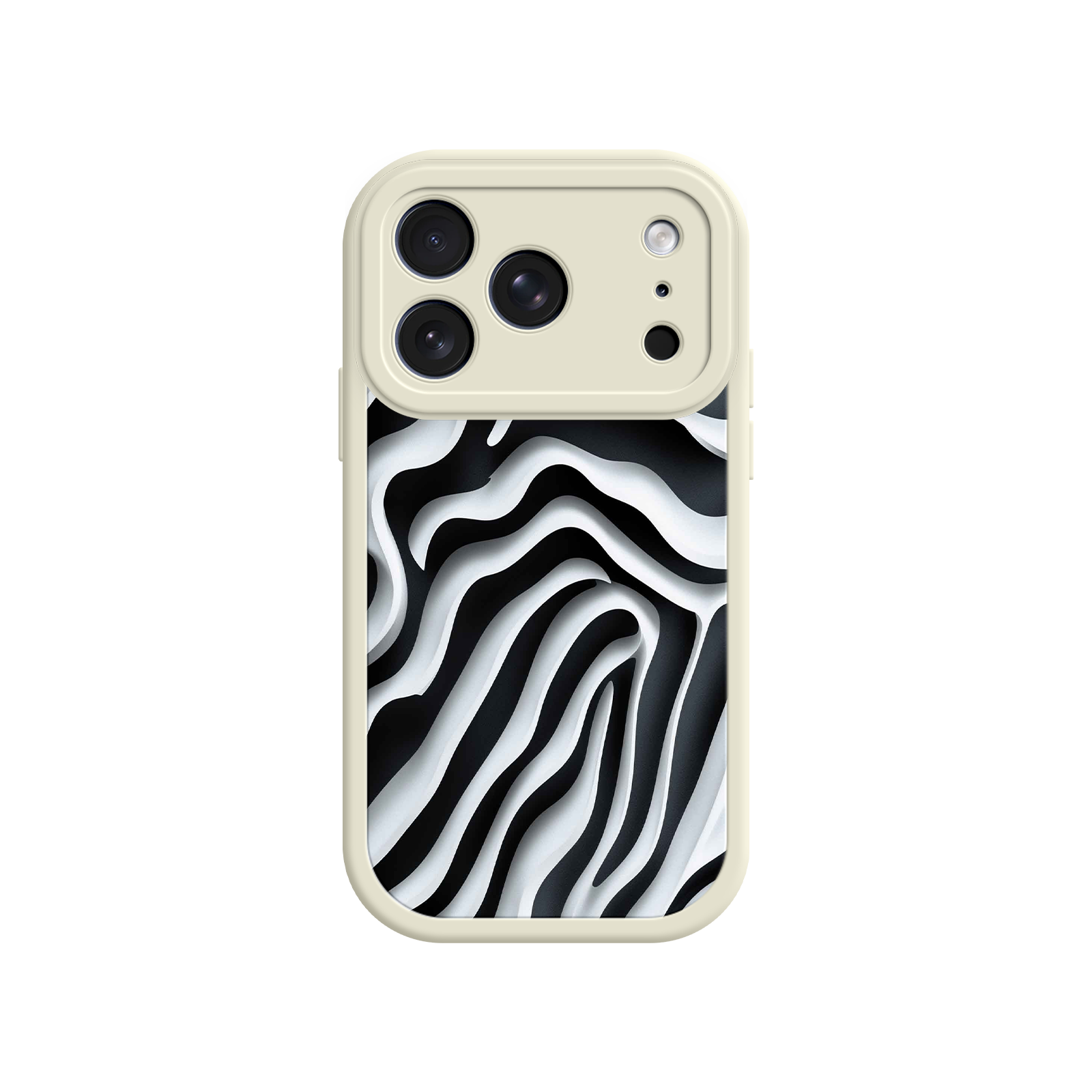 Black and white abstract line pattern phone case with triple camera cutout.