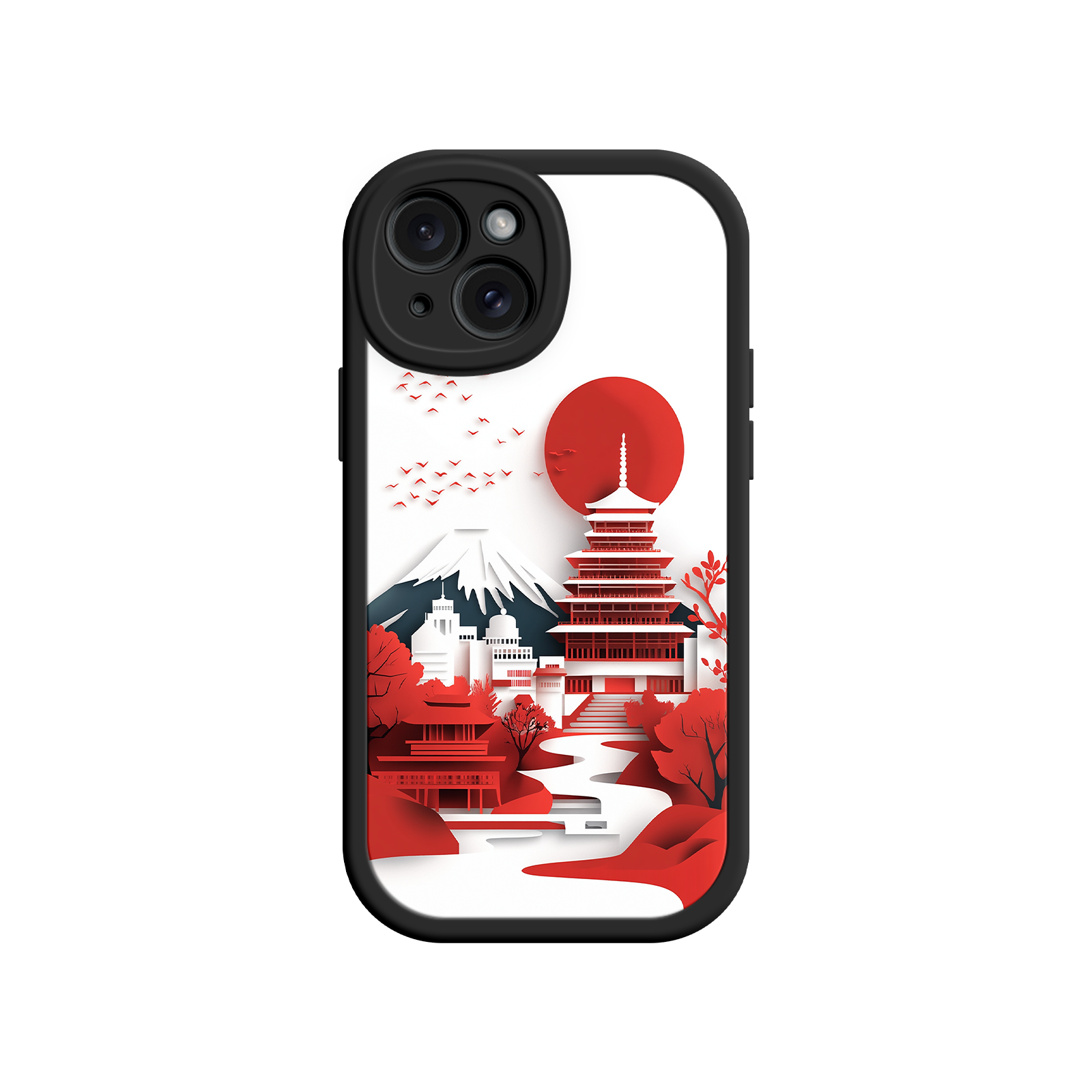 Japanese Pagoda & Mount Fuji Phone Case – Minimalist Red Sun Design for iPhone & Android