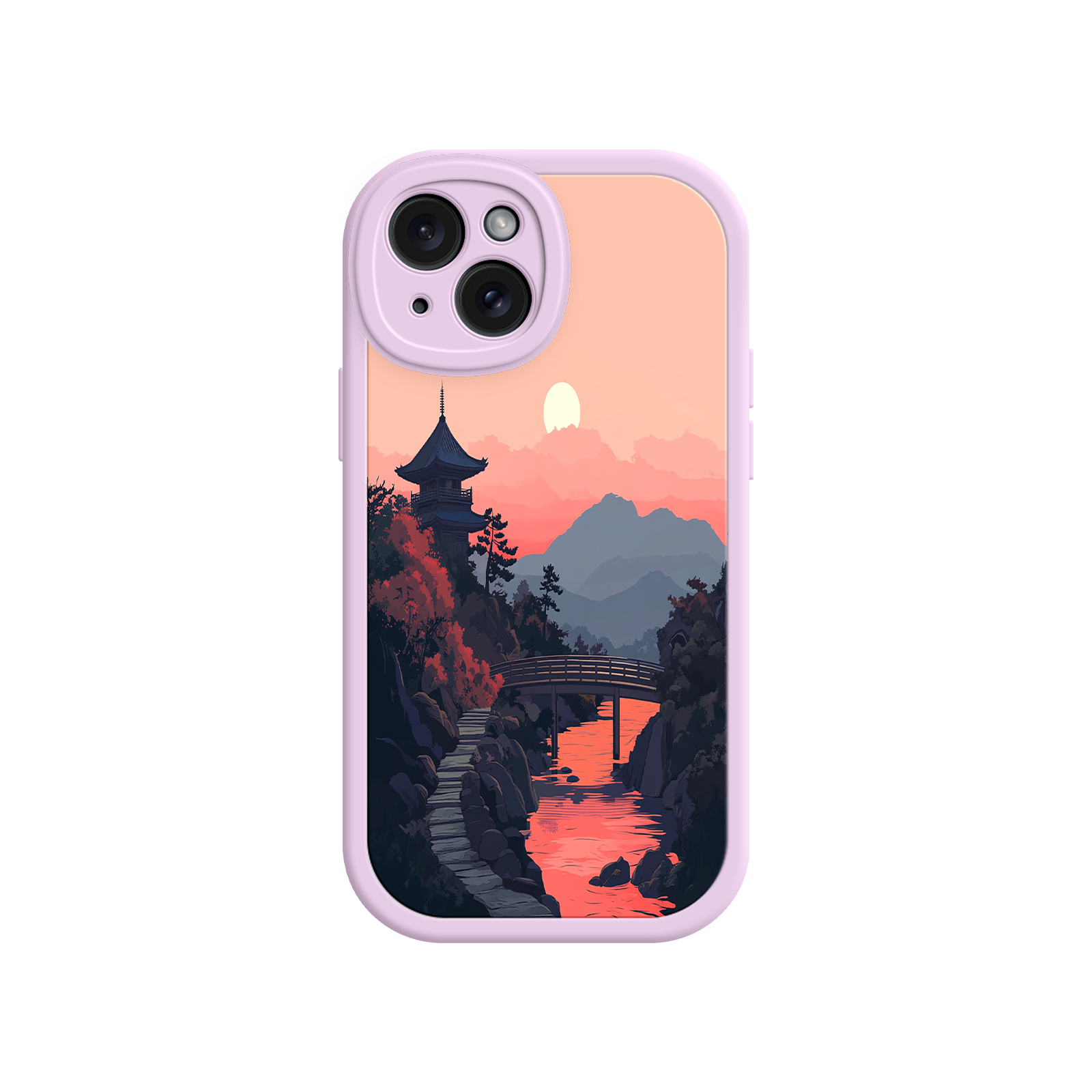 Japanese Sunset Landscape Phone Case – Scenic Pagoda Design for iPhone