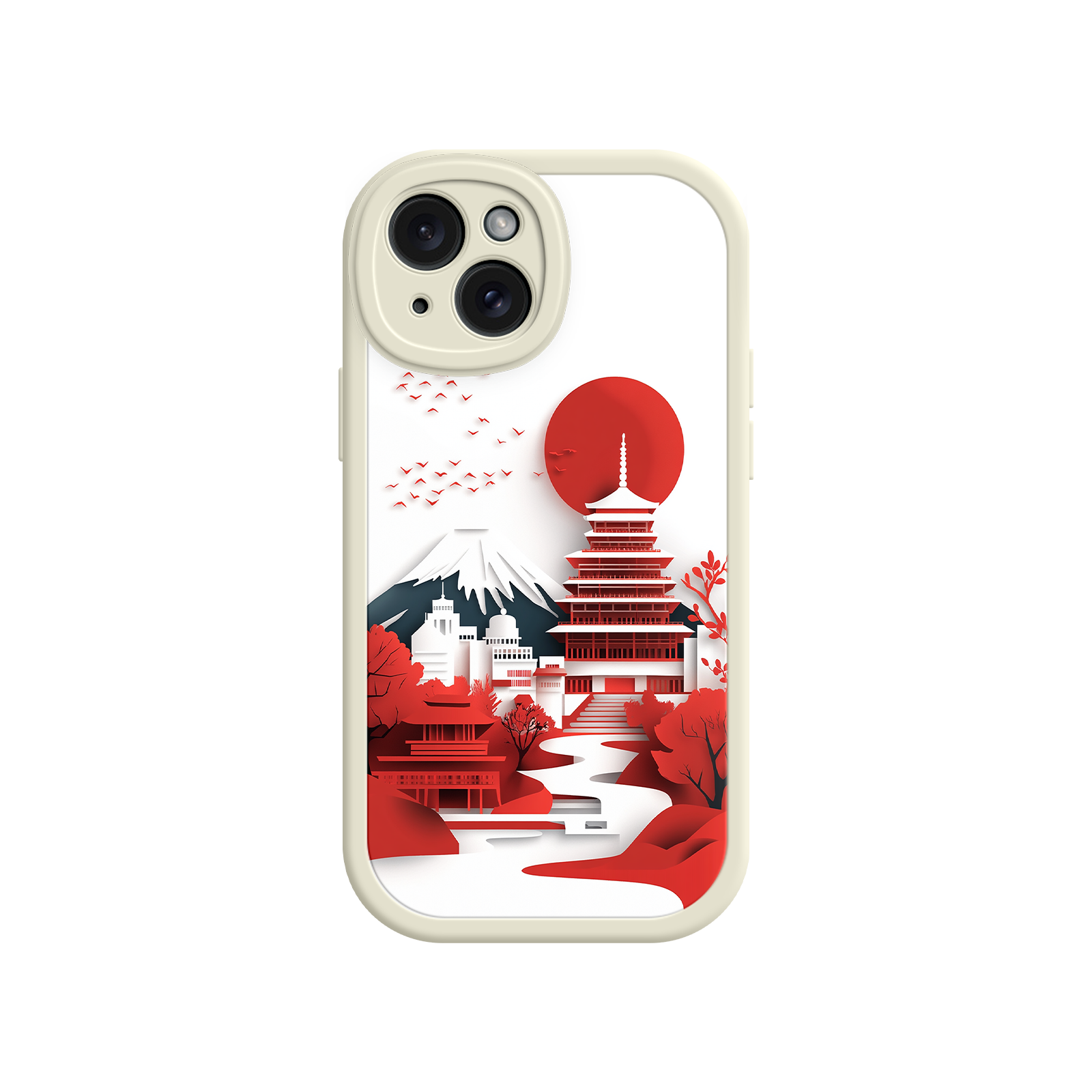 Japanese Pagoda & Mount Fuji Phone Case – Minimalist Red Sun Design for iPhone & Android
