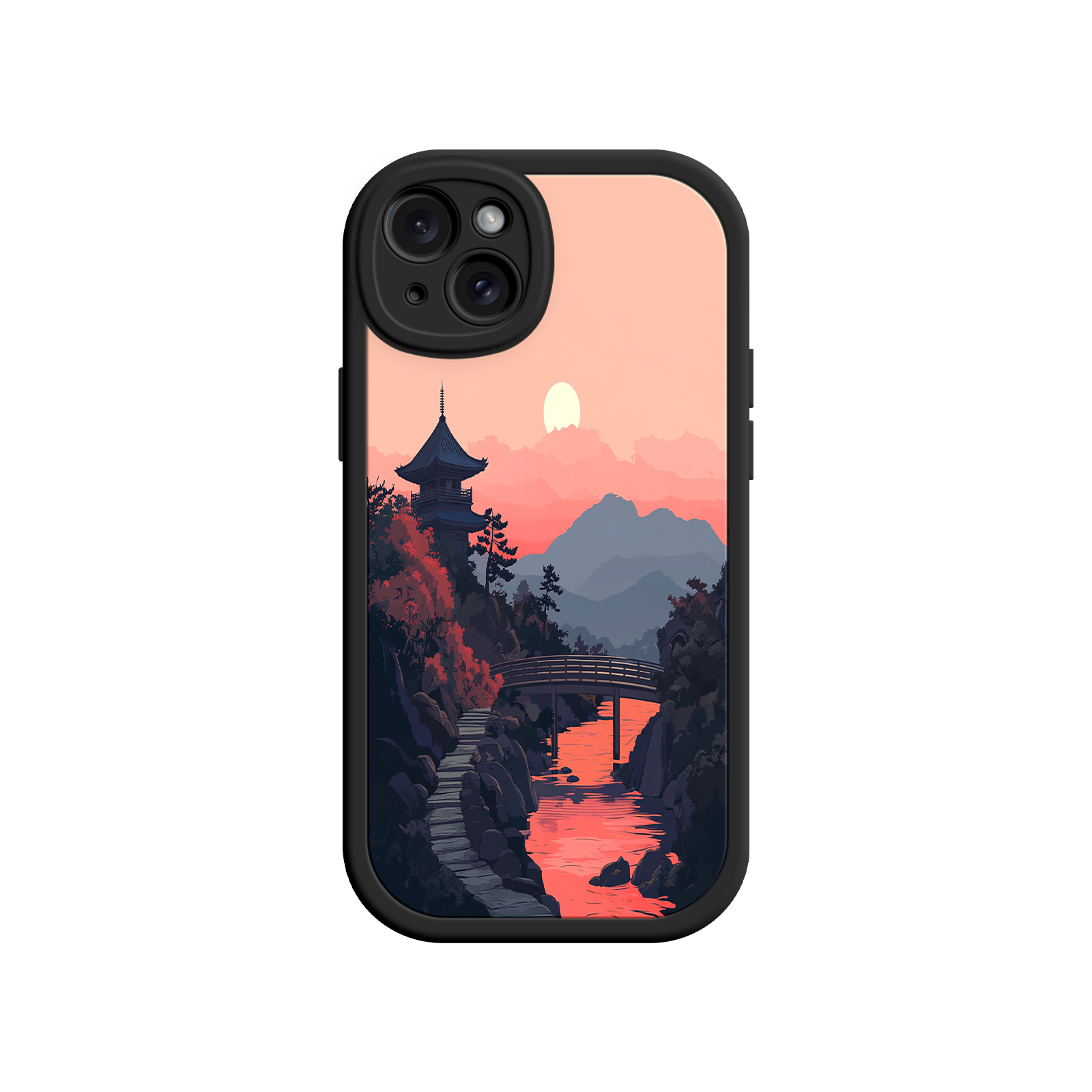 Japanese Sunset Landscape Phone Case – Scenic Pagoda Design for iPhone