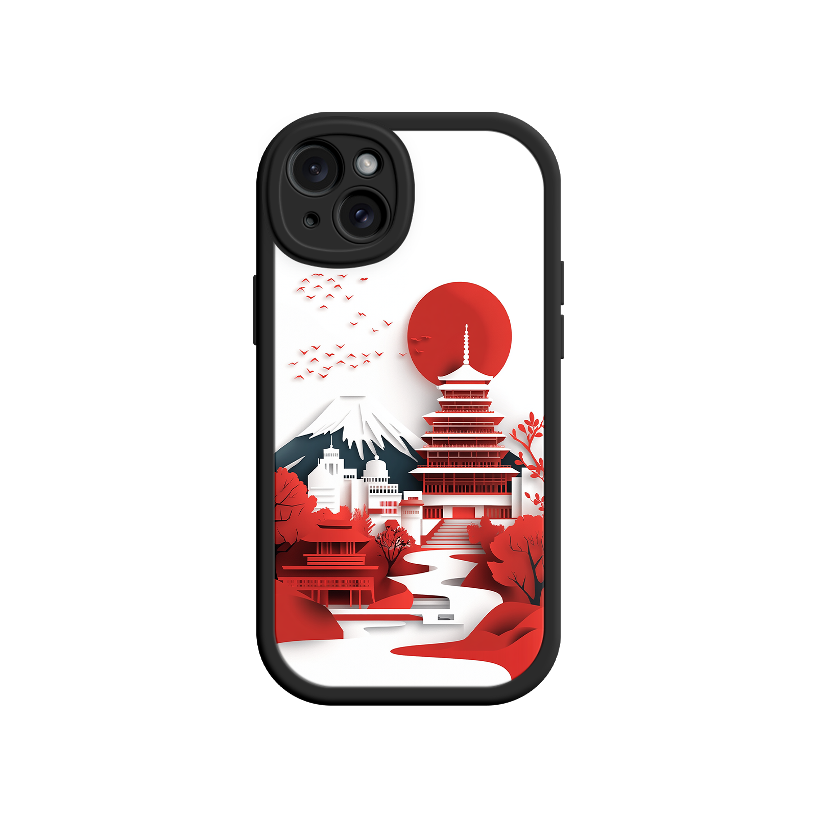 Japanese Pagoda & Mount Fuji Phone Case – Minimalist Red Sun Design for iPhone & Android