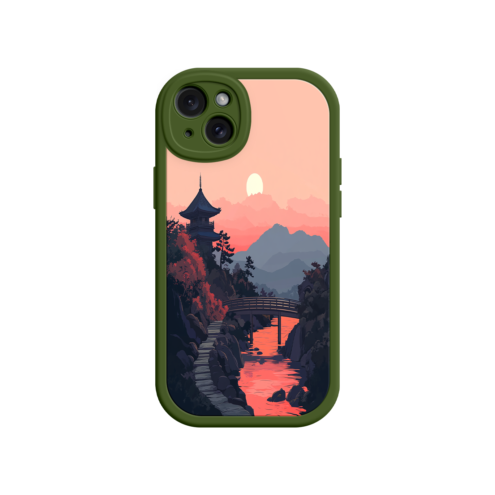 Japanese Sunset Landscape Phone Case – Scenic Pagoda Design for iPhone