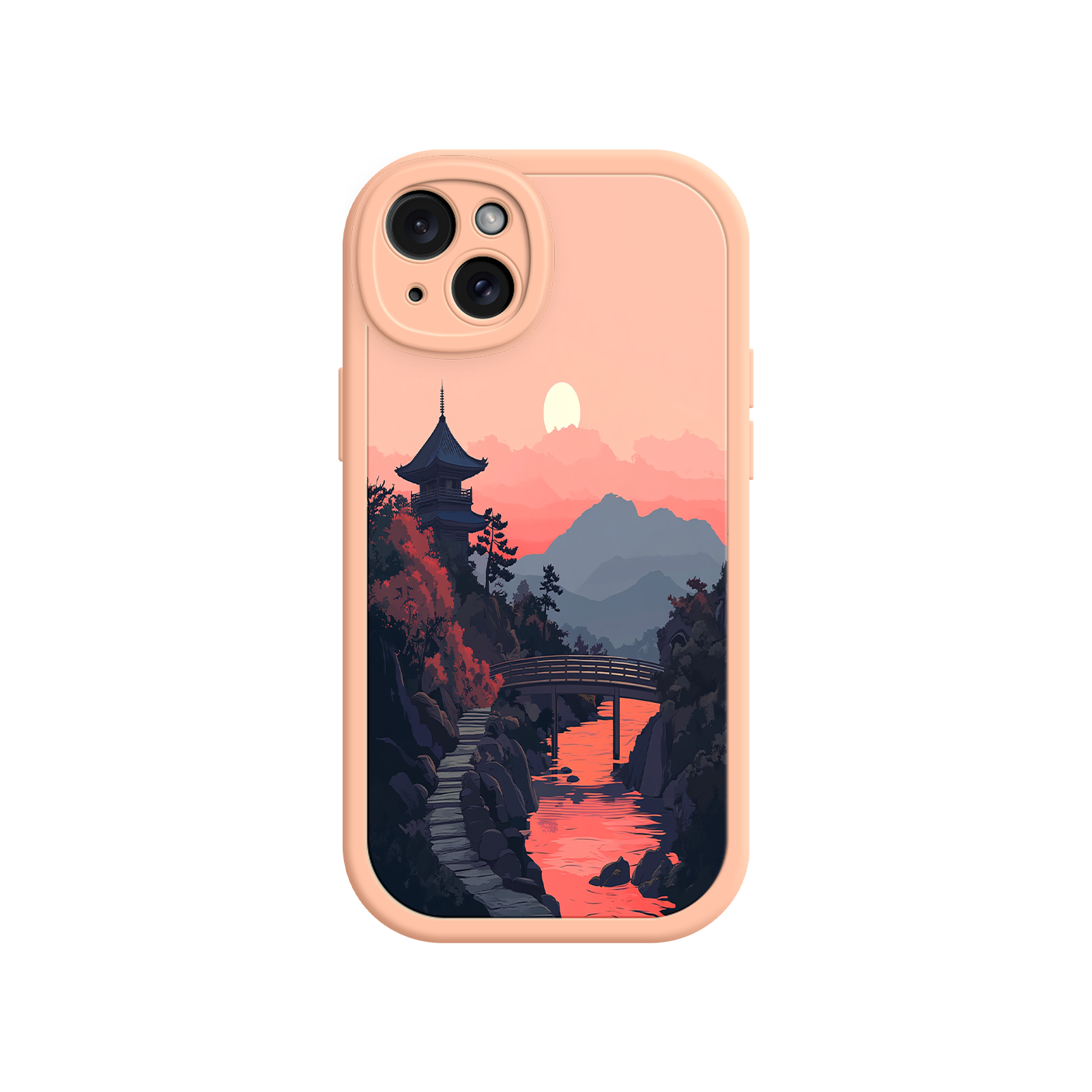 Japanese Sunset Landscape Phone Case – Scenic Pagoda Design for iPhone