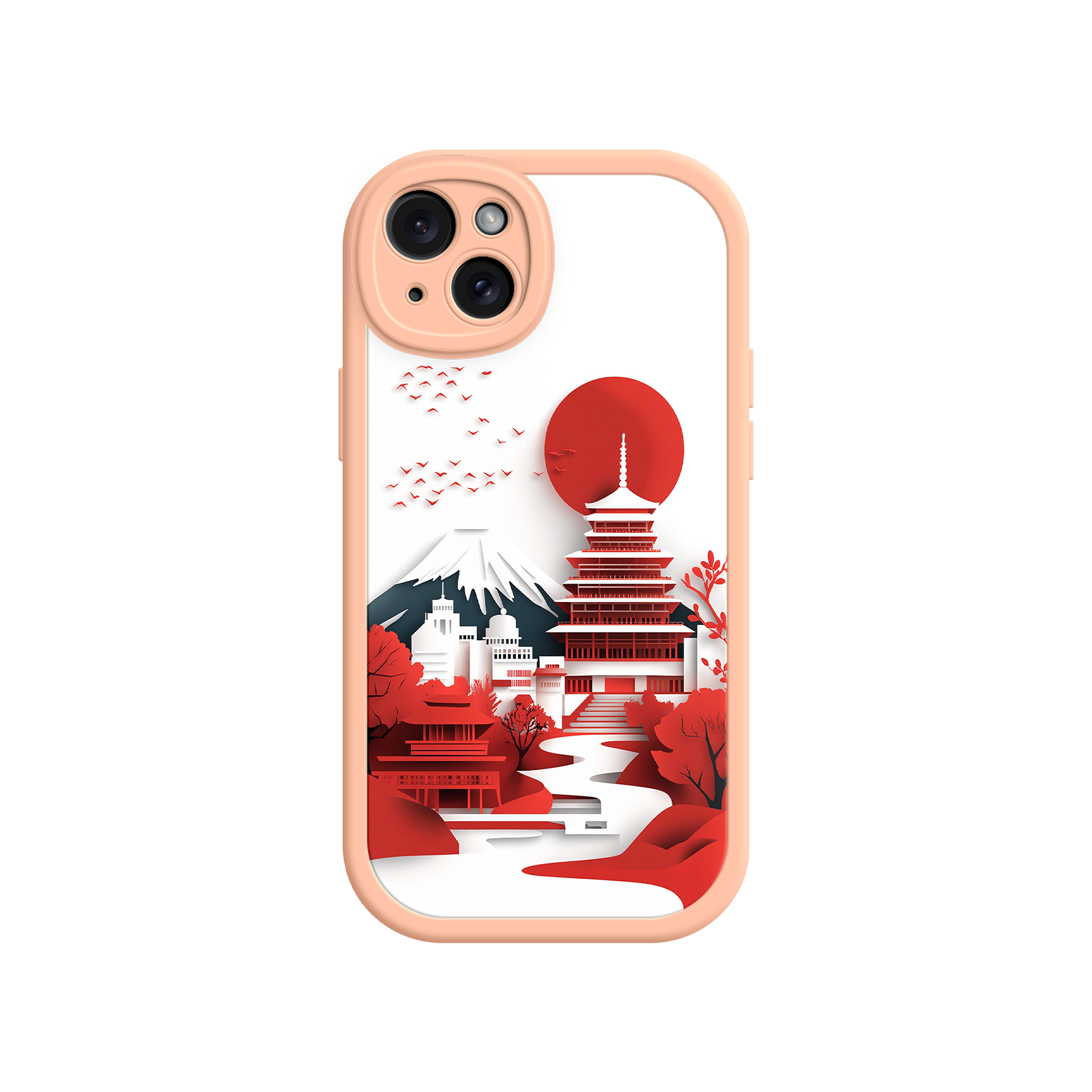 Japanese Pagoda & Mount Fuji Phone Case – Minimalist Red Sun Design for iPhone & Android