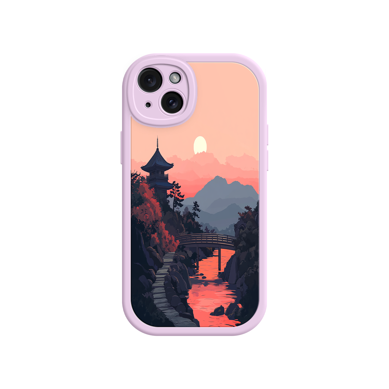 Japanese Sunset Landscape Phone Case – Scenic Pagoda Design for iPhone