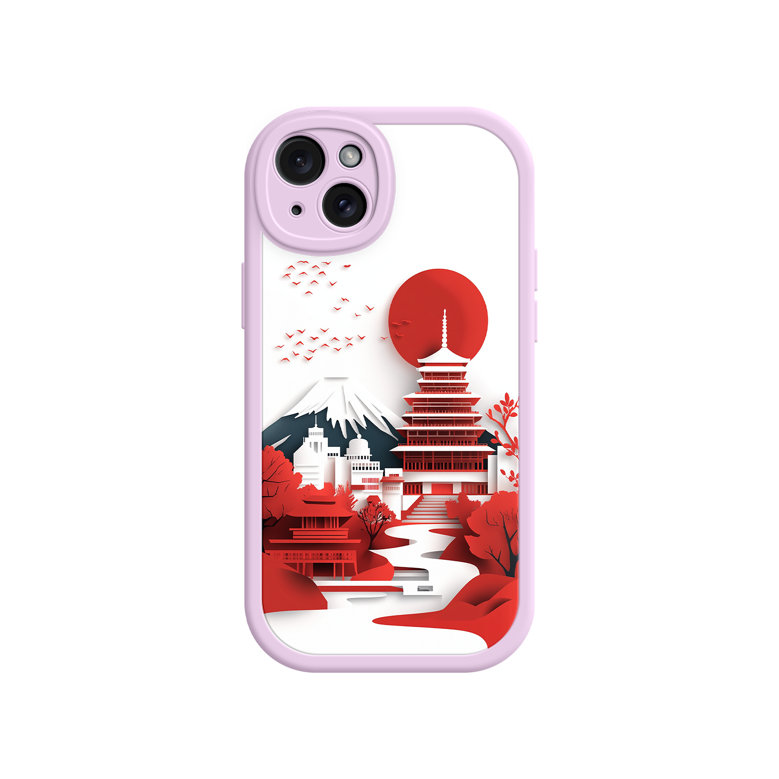 Japanese Pagoda & Mount Fuji Phone Case – Minimalist Red Sun Design for iPhone & Android