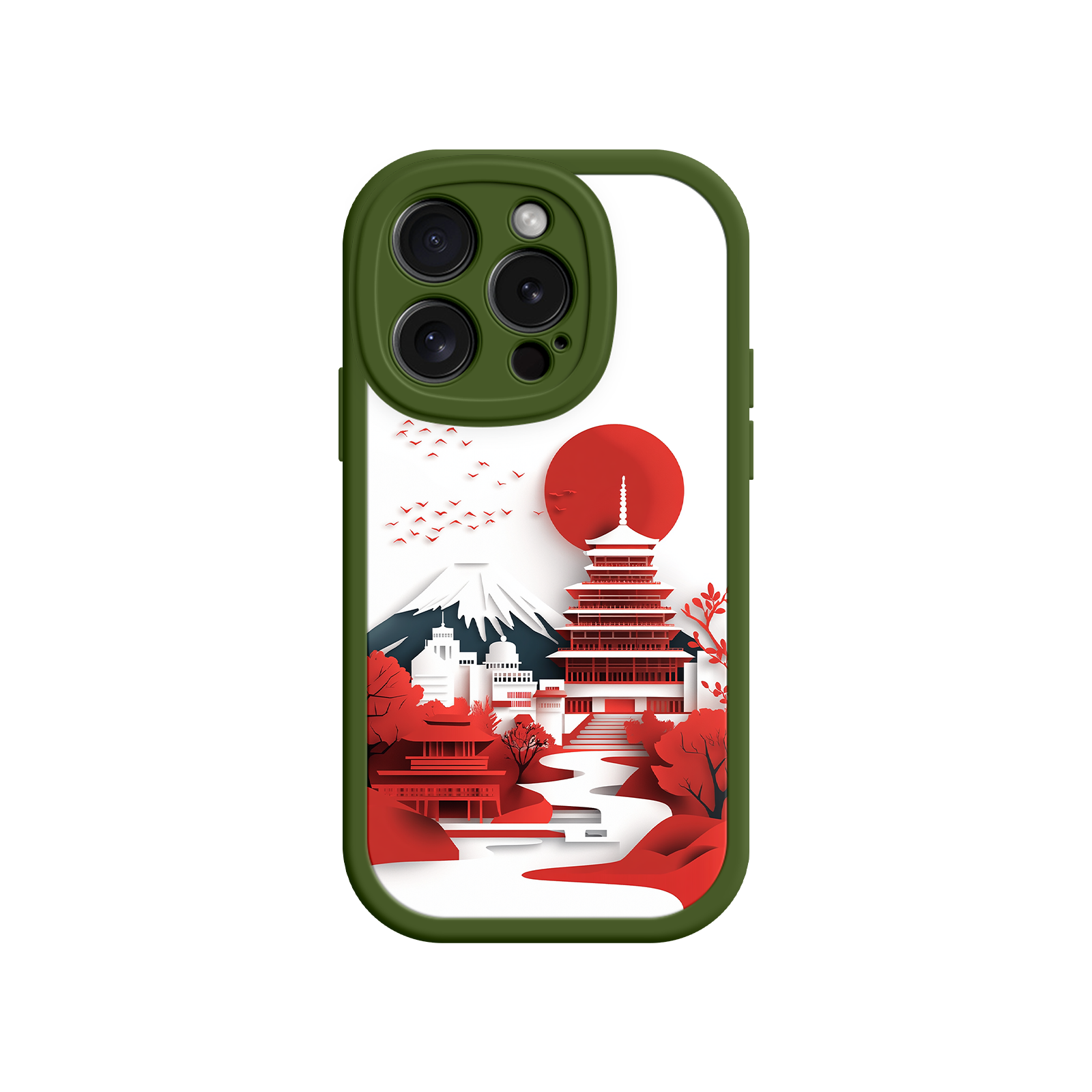 Japanese Pagoda & Mount Fuji Phone Case – Minimalist Red Sun Design for iPhone & Android