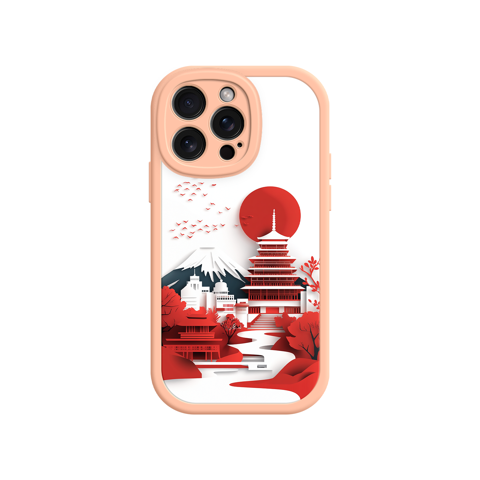 Japanese Pagoda & Mount Fuji Phone Case – Minimalist Red Sun Design for iPhone & Android
