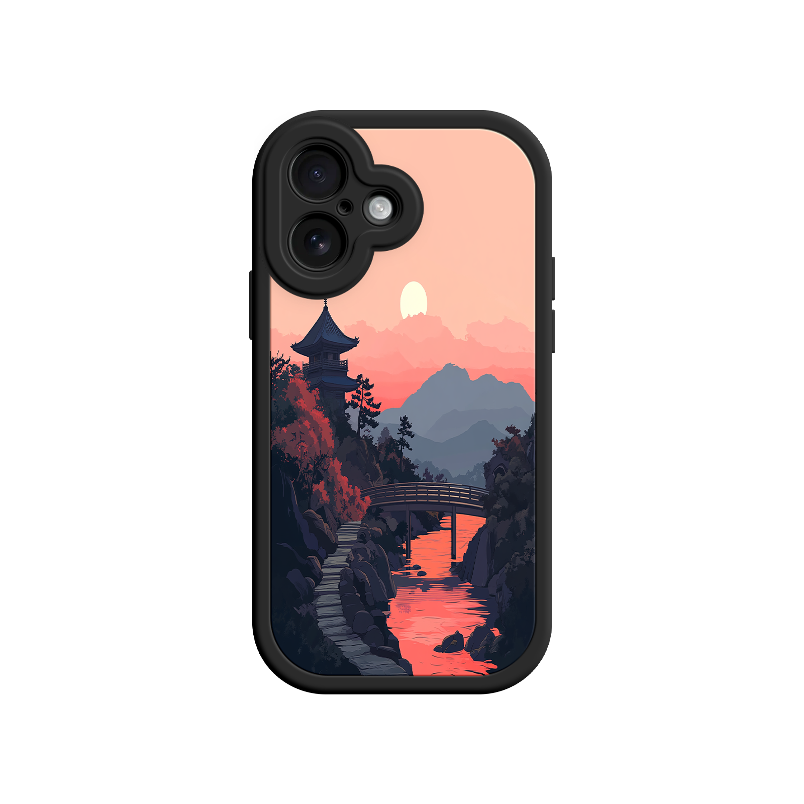 Japanese Sunset Landscape Phone Case – Scenic Pagoda Design for iPhone
