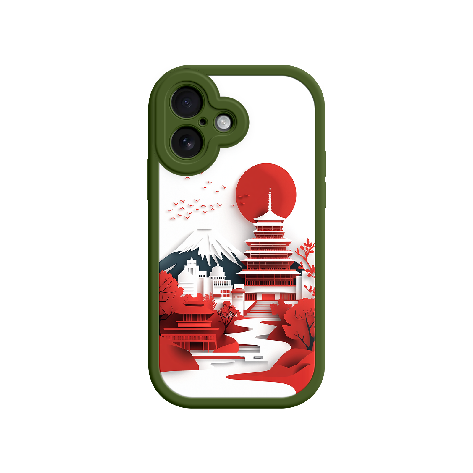 Japanese Pagoda & Mount Fuji Phone Case – Minimalist Red Sun Design for iPhone & Android