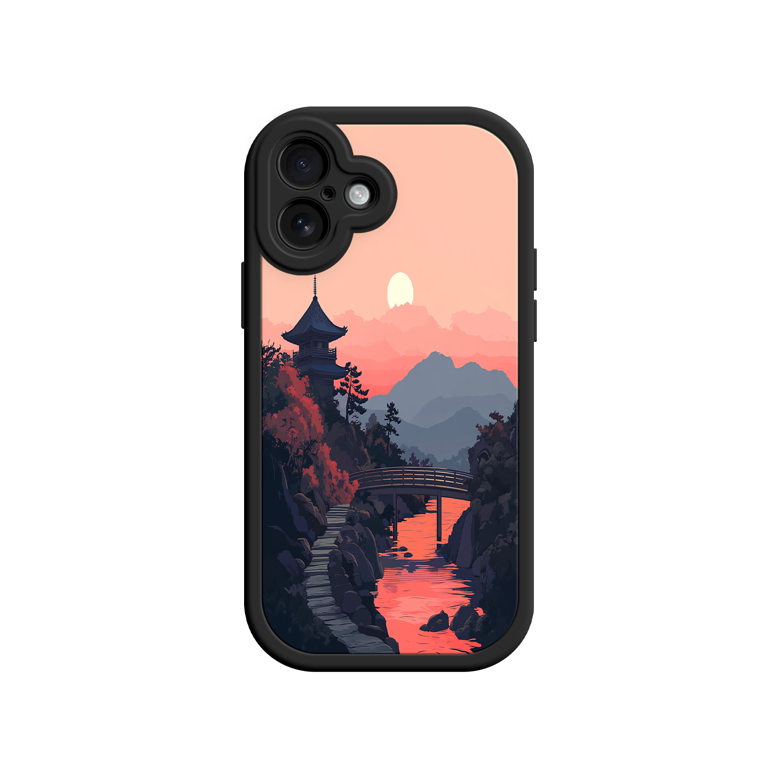 Japanese Sunset Landscape Phone Case – Scenic Pagoda Design for iPhone