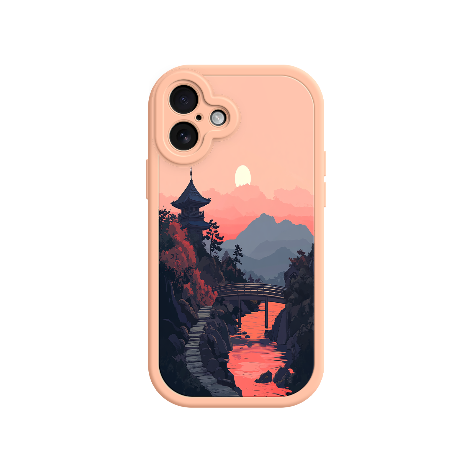Japanese Sunset Landscape Phone Case – Scenic Pagoda Design for iPhone