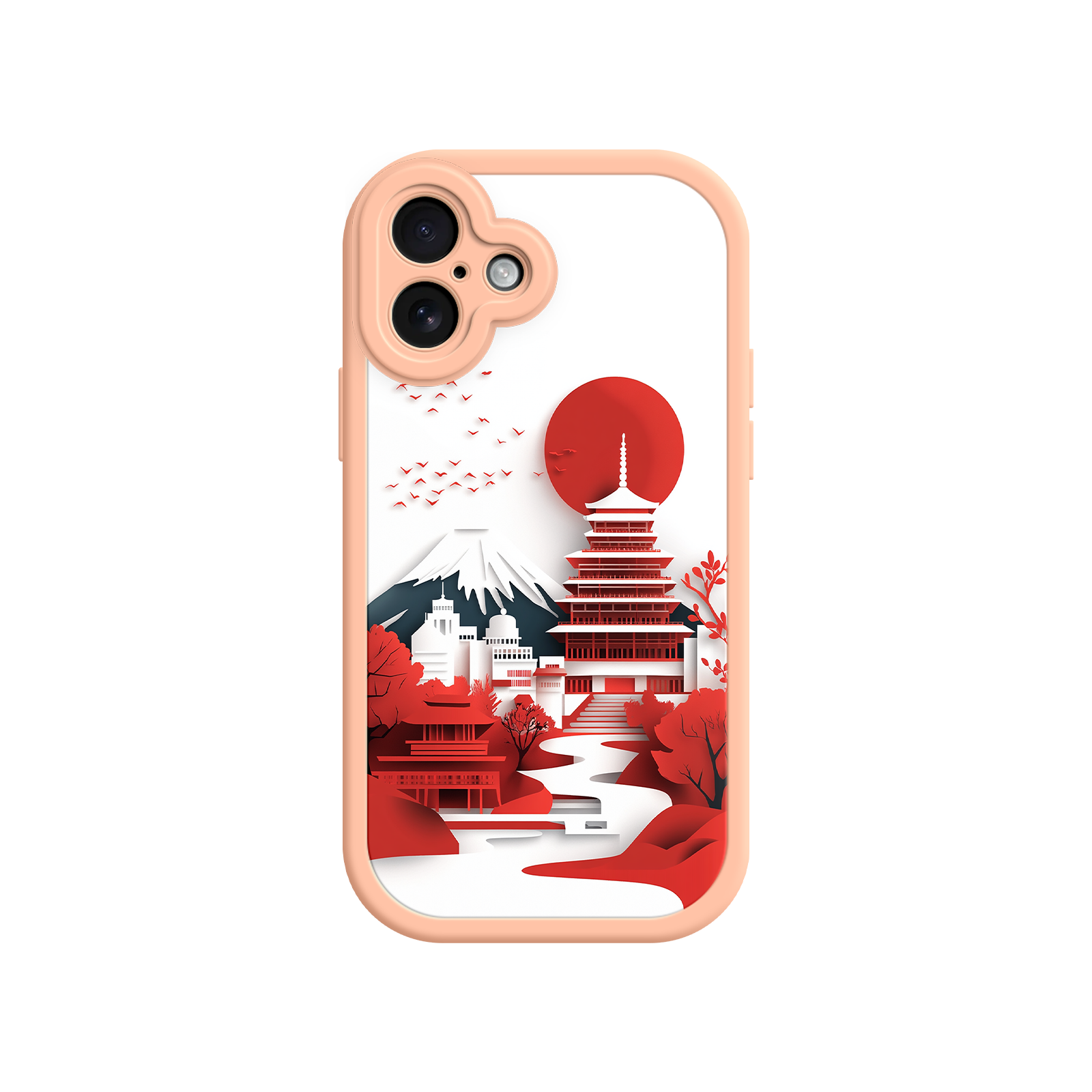 Japanese Pagoda & Mount Fuji Phone Case – Minimalist Red Sun Design for iPhone & Android