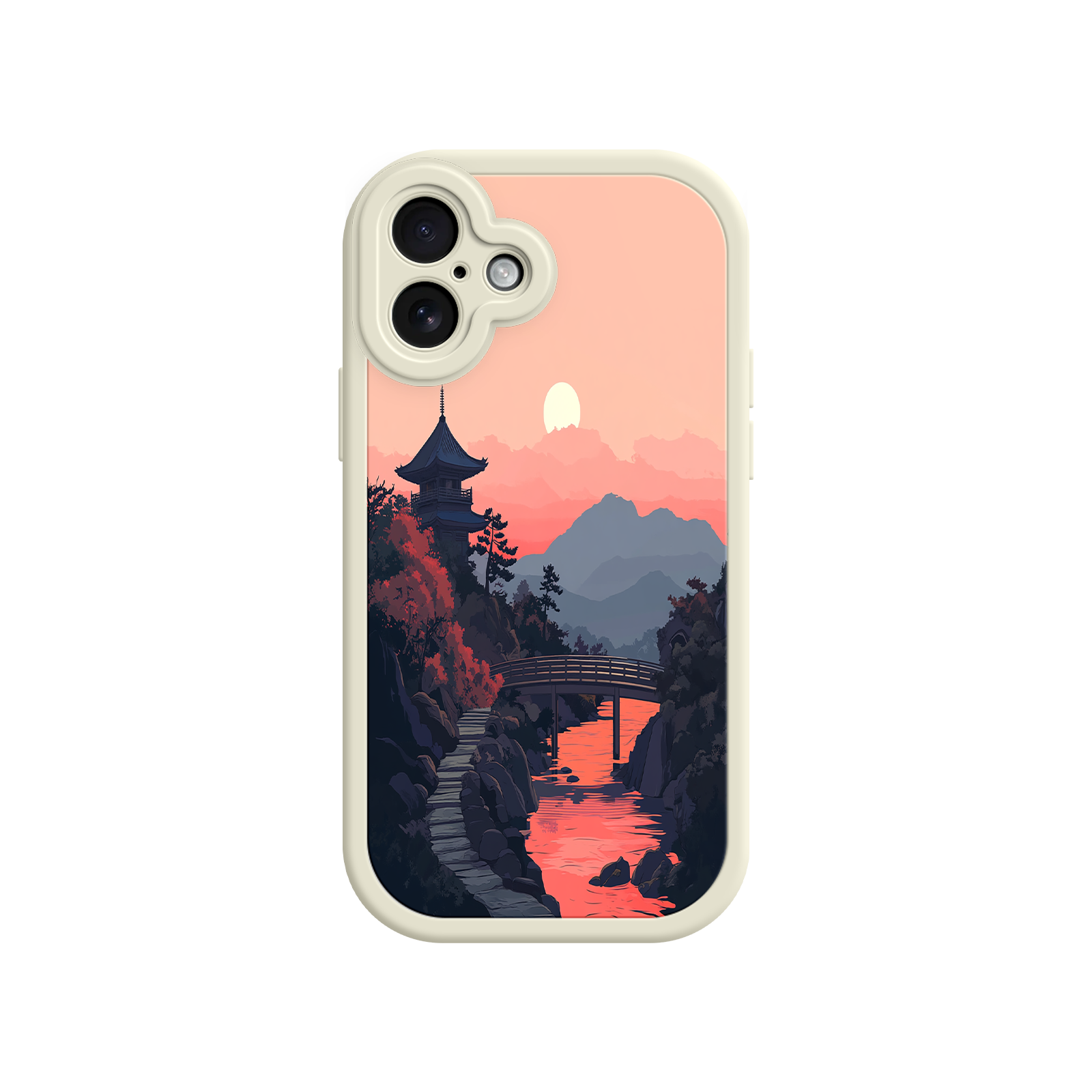 Japanese Sunset Landscape Phone Case – Scenic Pagoda Design for iPhone