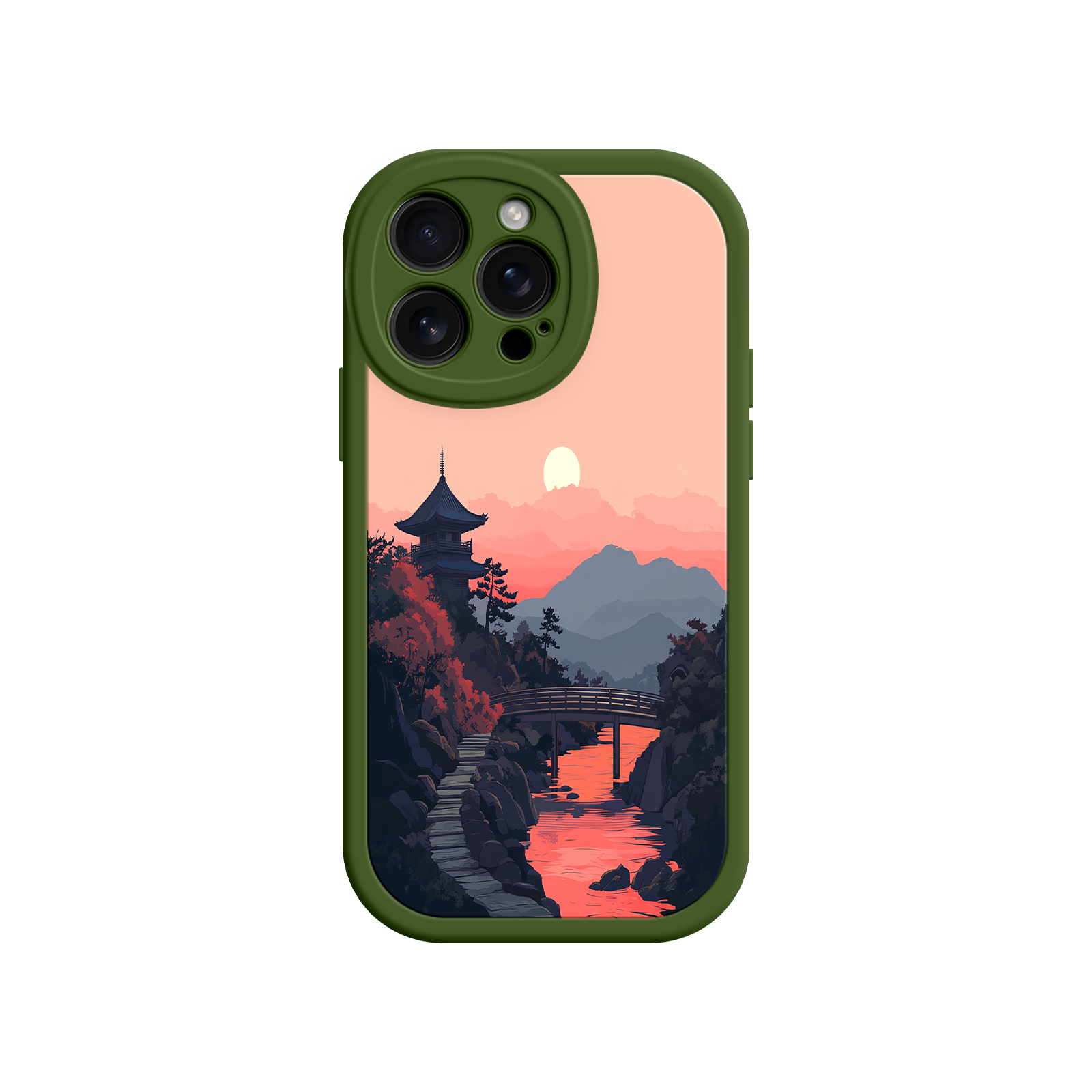 Japanese Sunset Landscape Phone Case – Scenic Pagoda Design for iPhone