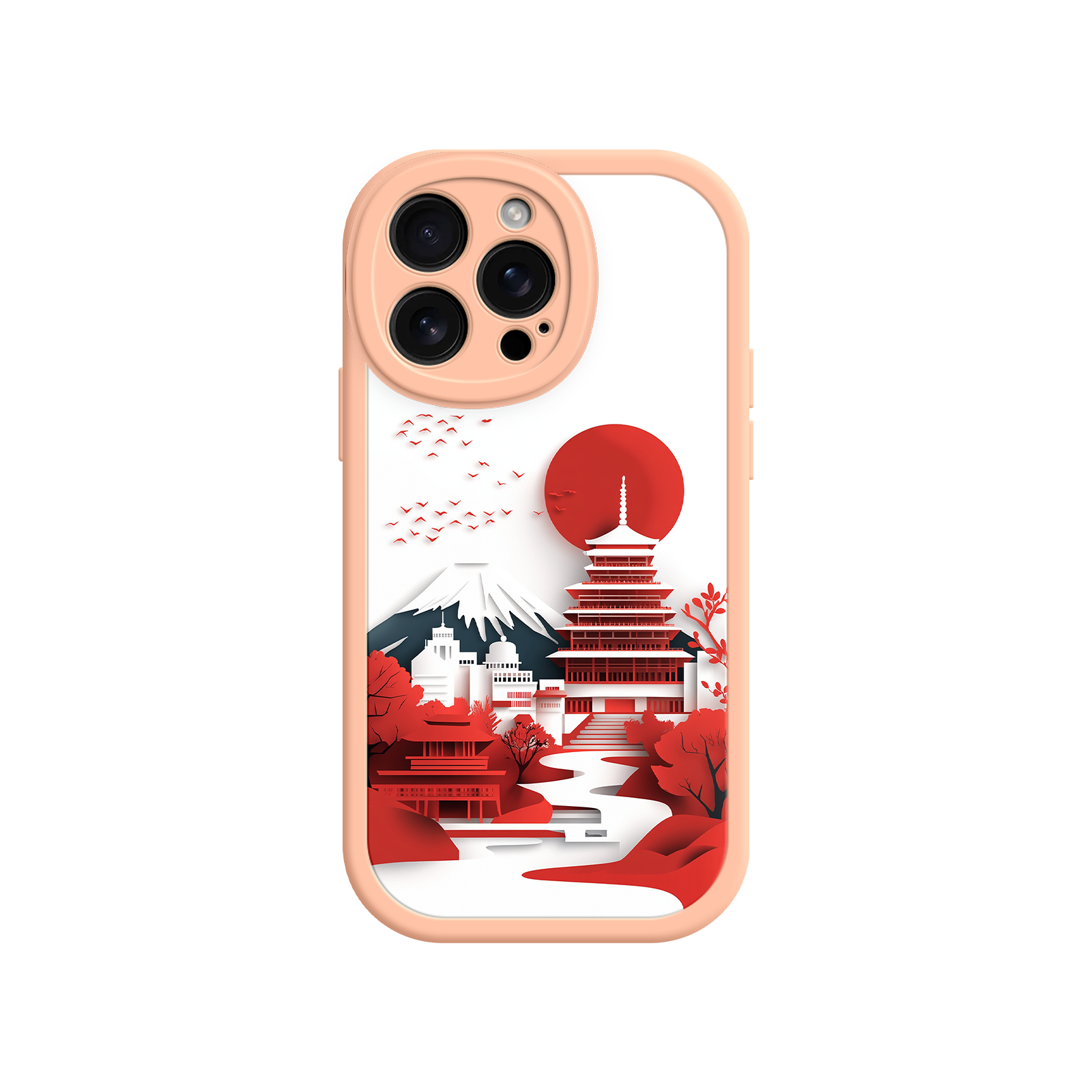 Japanese Pagoda & Mount Fuji Phone Case – Minimalist Red Sun Design for iPhone & Android