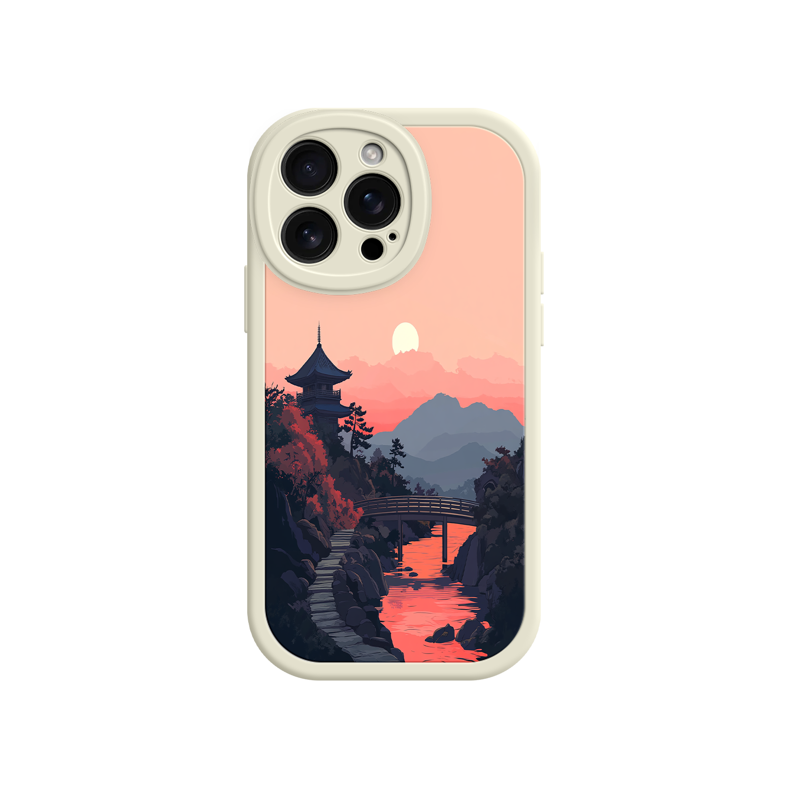 Japanese Sunset Landscape Phone Case – Scenic Pagoda Design for iPhone
