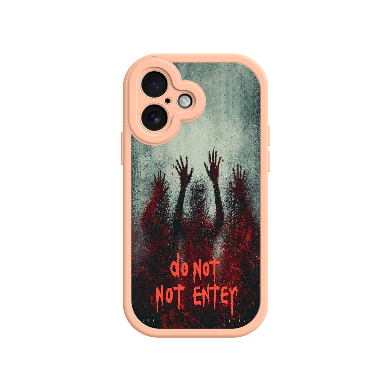Creepy phone case with thriller-style warning message