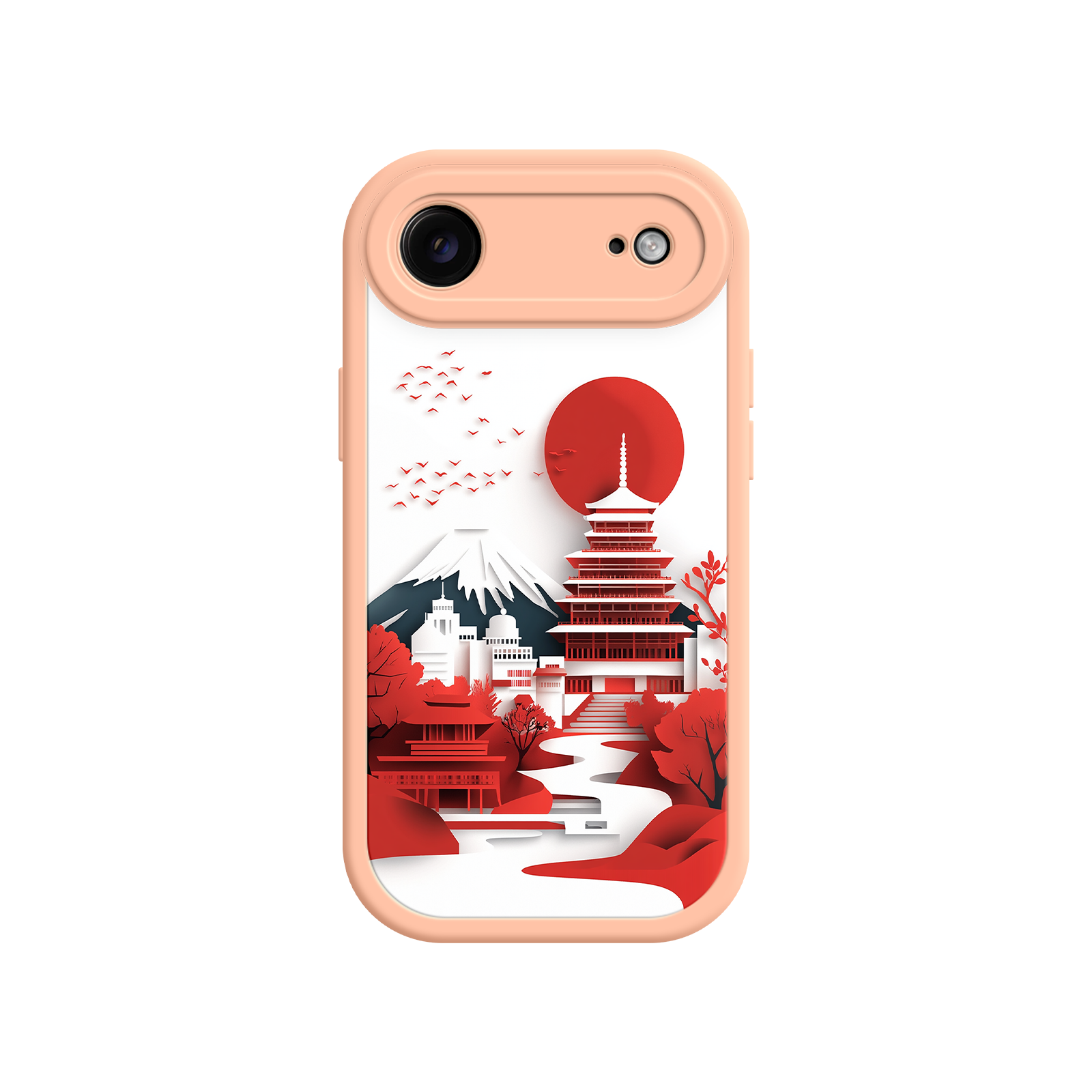 Japanese Pagoda & Mount Fuji Phone Case – Minimalist Red Sun Design for iPhone & Android