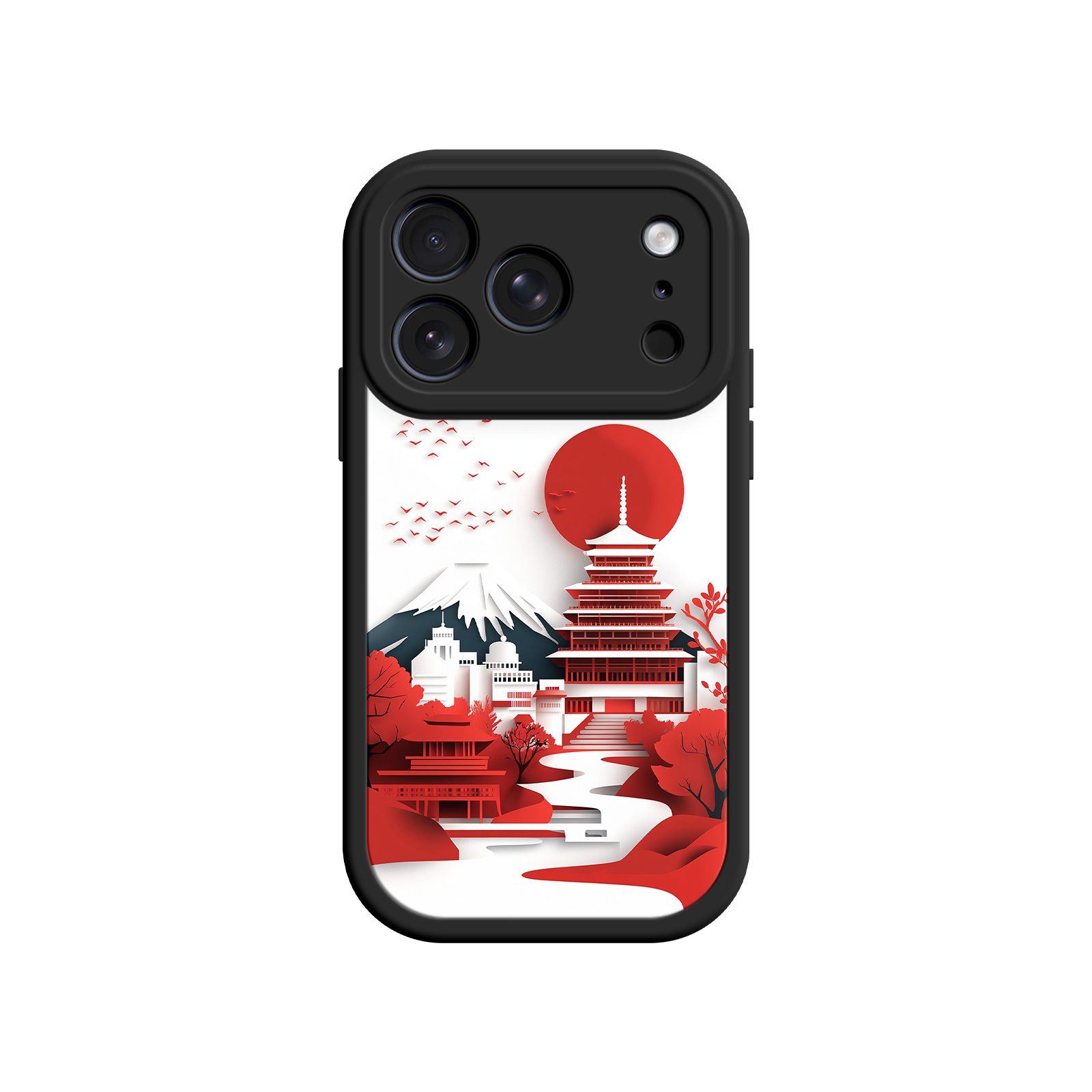 Japanese Pagoda & Mount Fuji Phone Case – Minimalist Red Sun Design for iPhone & Android