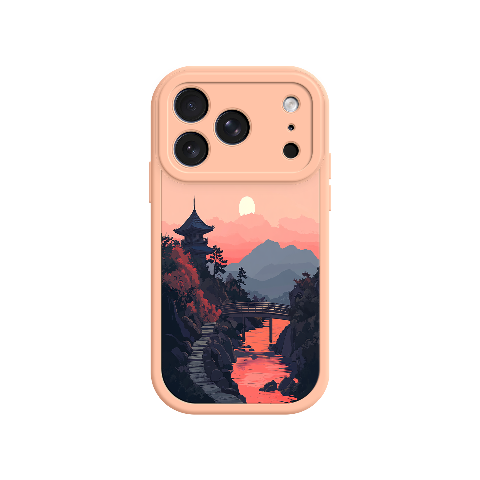 Japanese Sunset Landscape Phone Case – Scenic Pagoda Design for iPhone