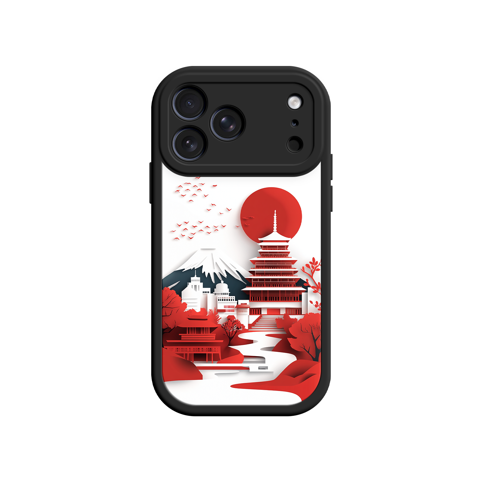 Japanese Pagoda & Mount Fuji Phone Case – Minimalist Red Sun Design for iPhone & Android