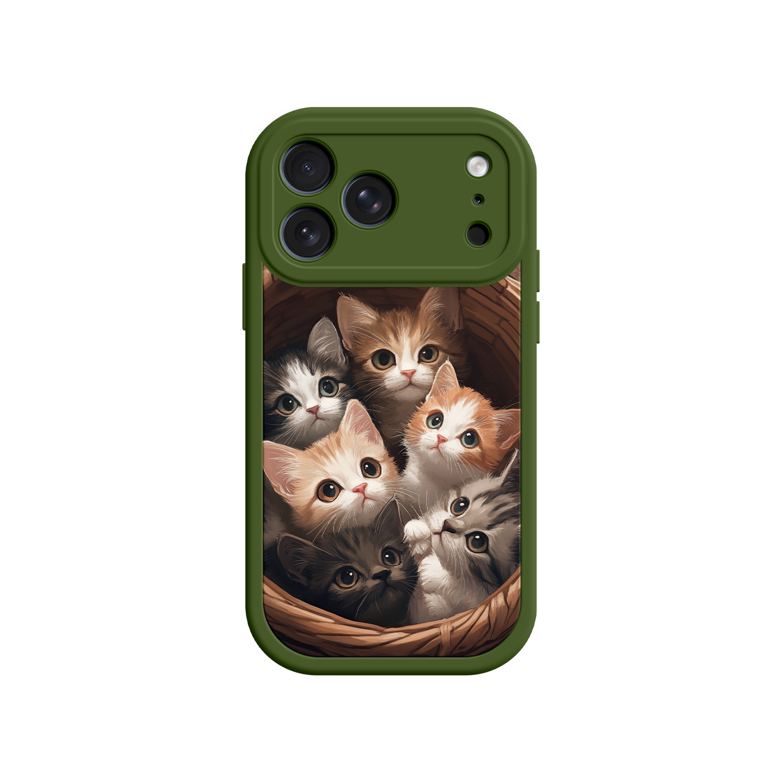 Cat-themed phone case with woven basket illustration