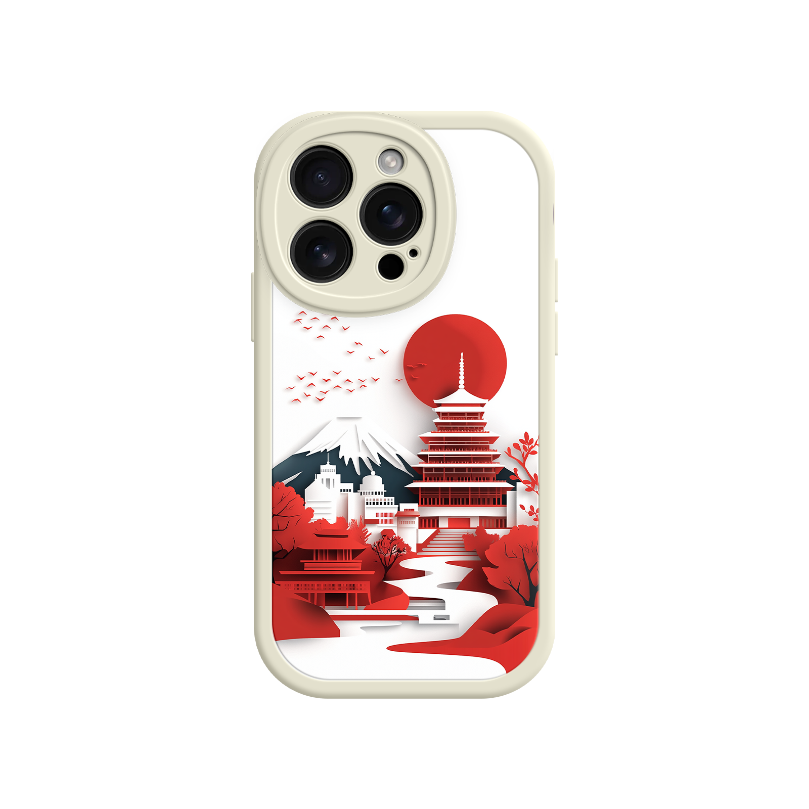 Red Sun Pagoda Japanese Phone Case - Unique Design - Pink Border