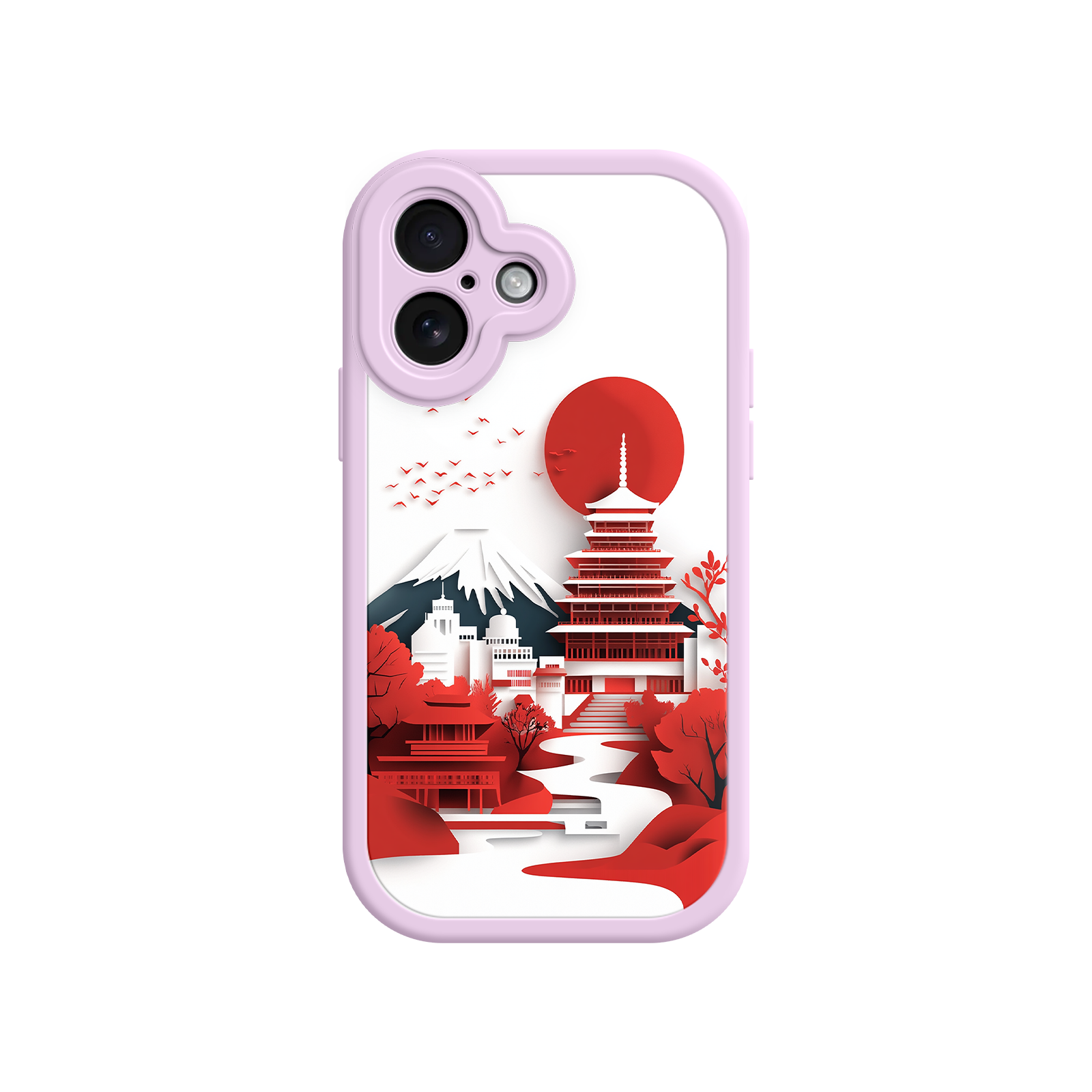 Japanese Paper-Cut Fuji Mountain Phone Case - Red Pagoda, Sun - Pink Edge - iPhone