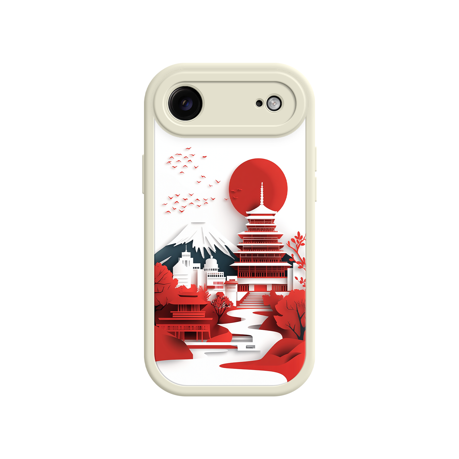 Red Sun Japanese Landscape Phone Case - Pagoda, Fuji, Trees - Pink Frame - iPhone