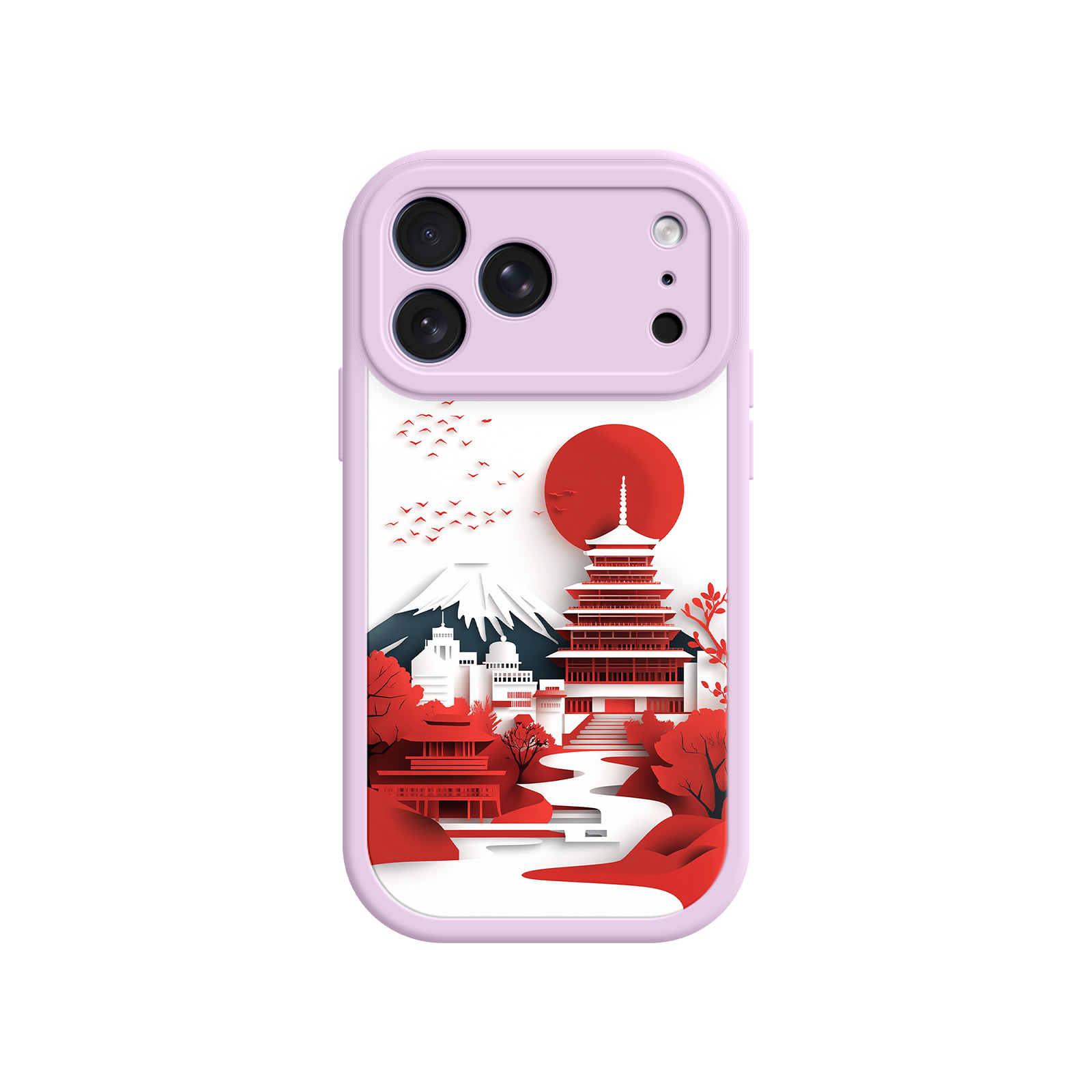 Pink Border Japanese Landscape Phone Case - Fuji, Pagoda, Red Sun - For iPhone