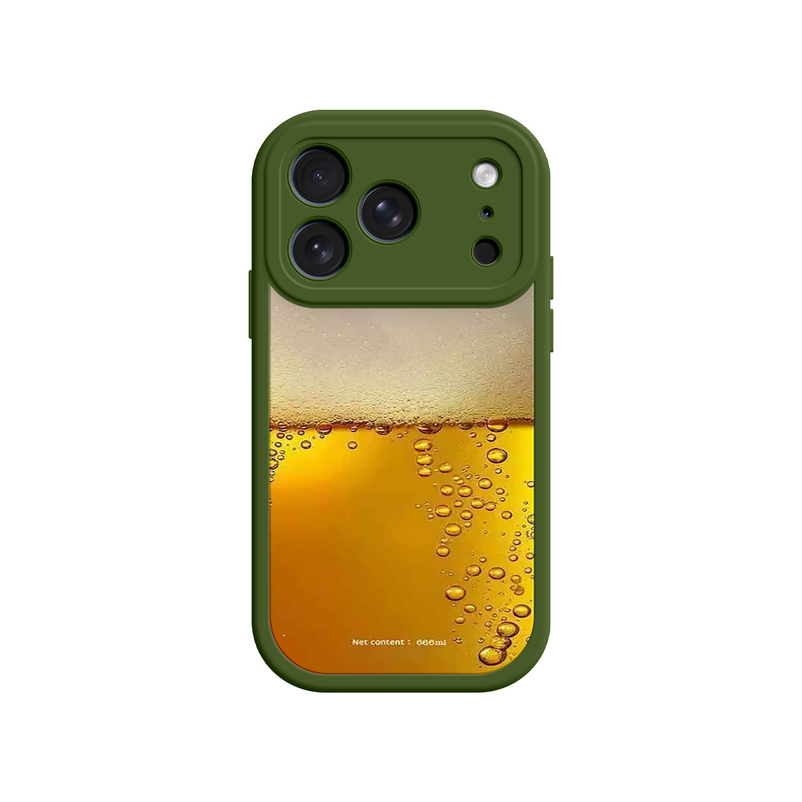 Beer phone case with “Net content: 0.00cl” label