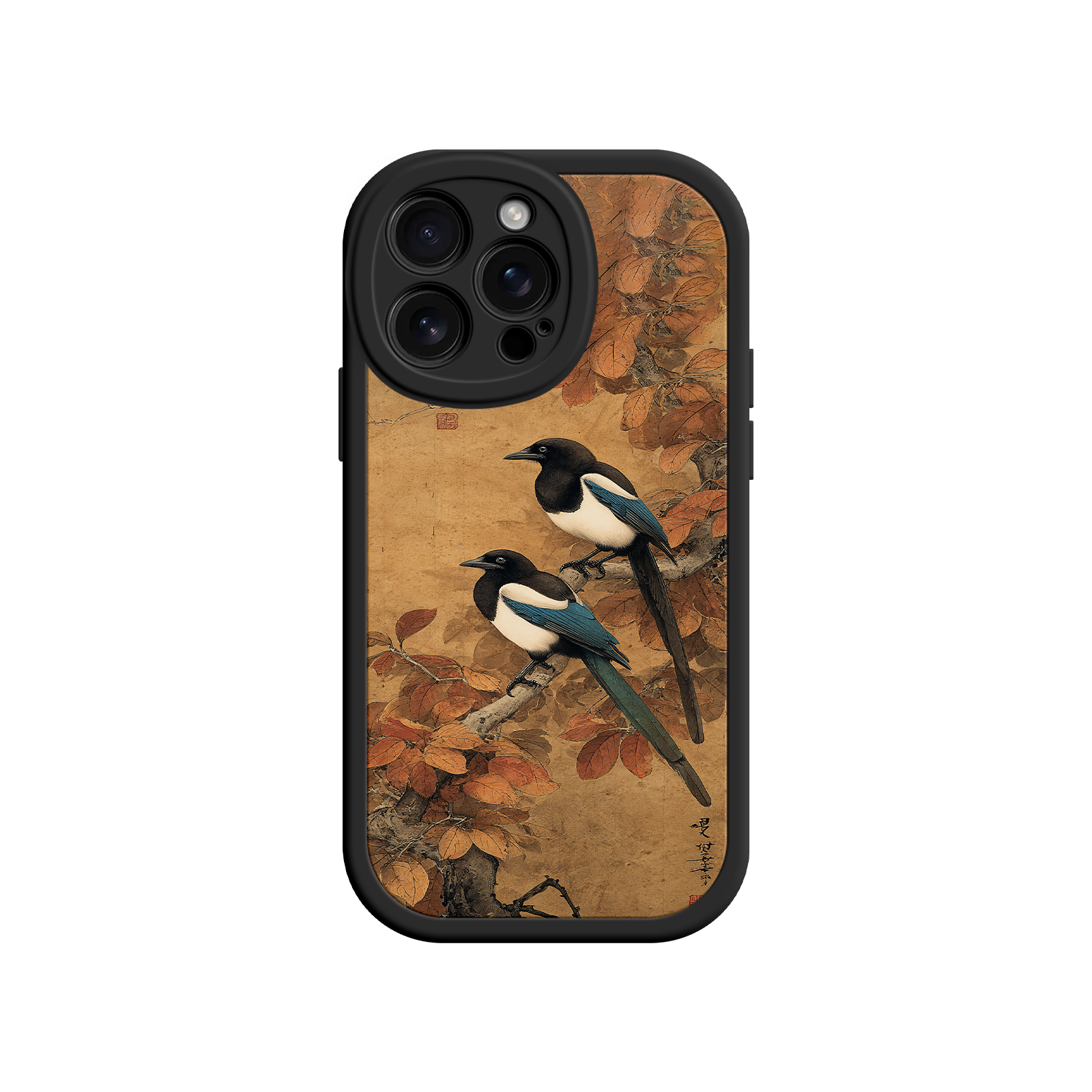 Autumn iPhone case with magpies perched on a branch