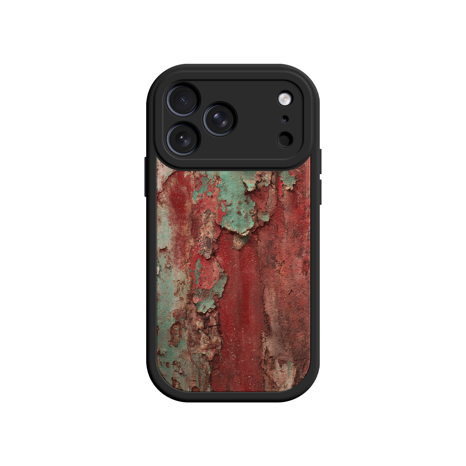 Grunge-style phone case with oxidized rust and cracked paint