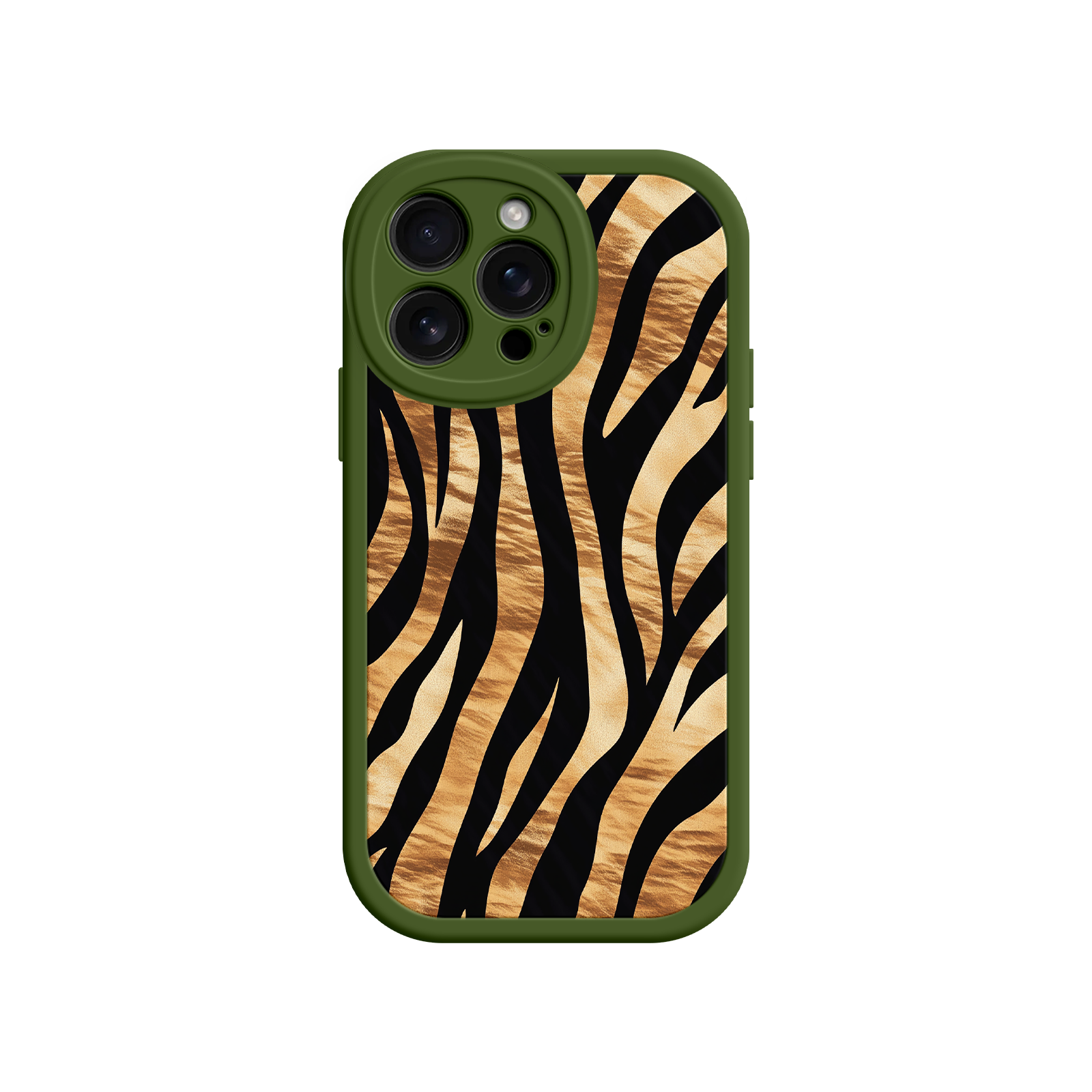 Tiger Stripe iPhone Case – Bold Animal Print with Olive Green Frame