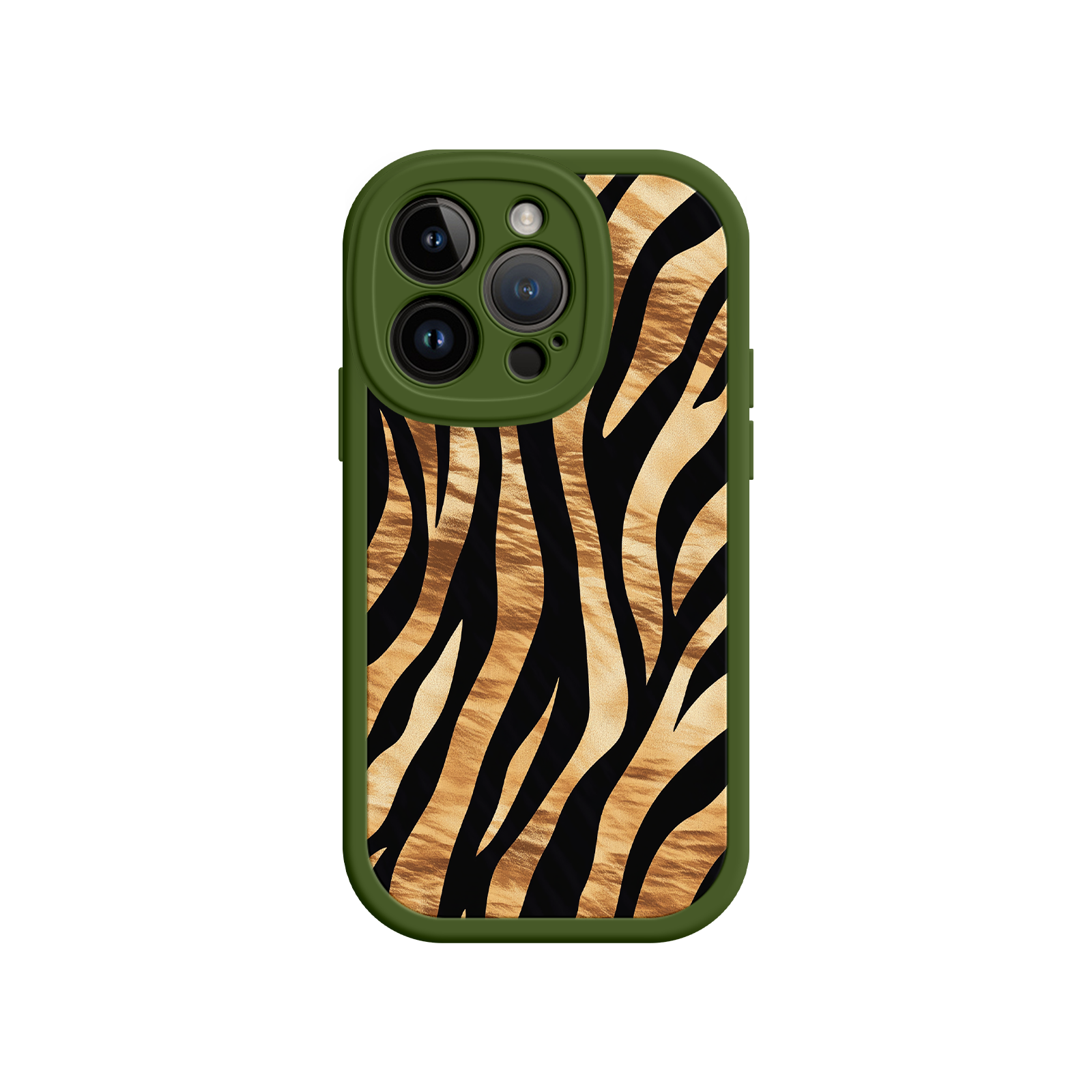 Tiger Stripe iPhone Case – Bold Animal Print with Olive Green Frame