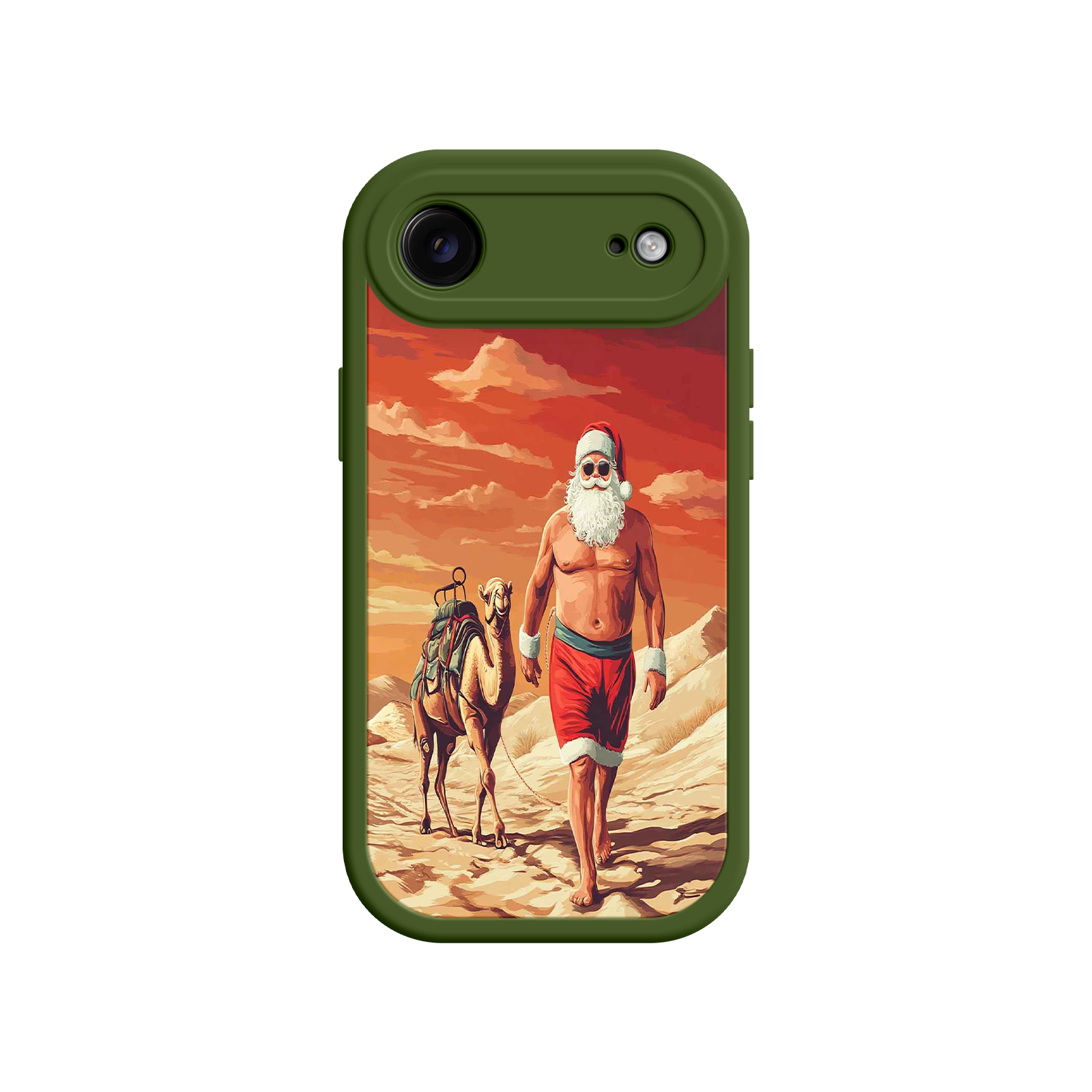 Desert Santa iPhone 17 Case – Funny Christmas Design, Muscular Santa & Camel, Holiday Heat Vibes