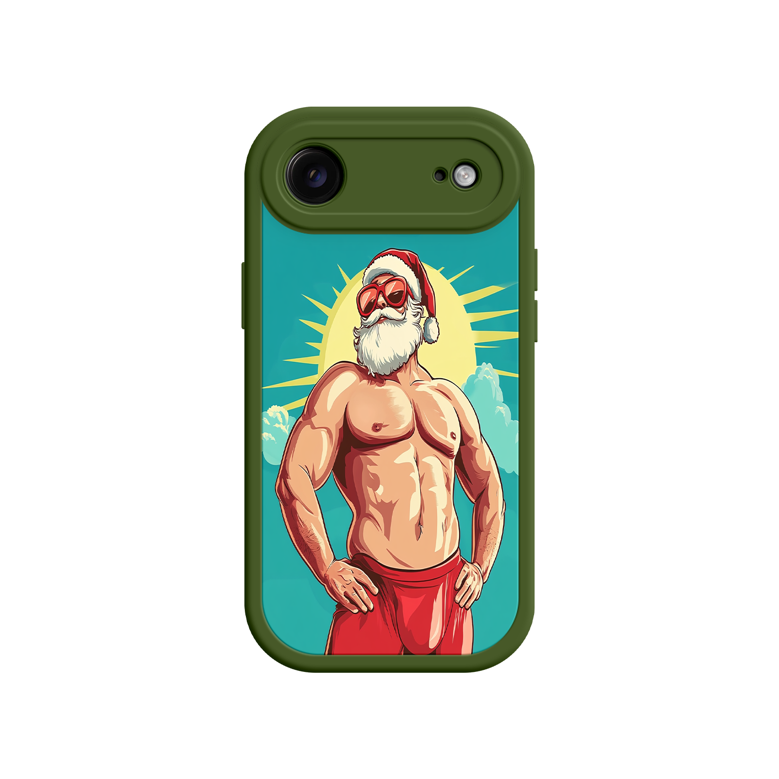 iPhone case with radiant sun and muscular Santa
