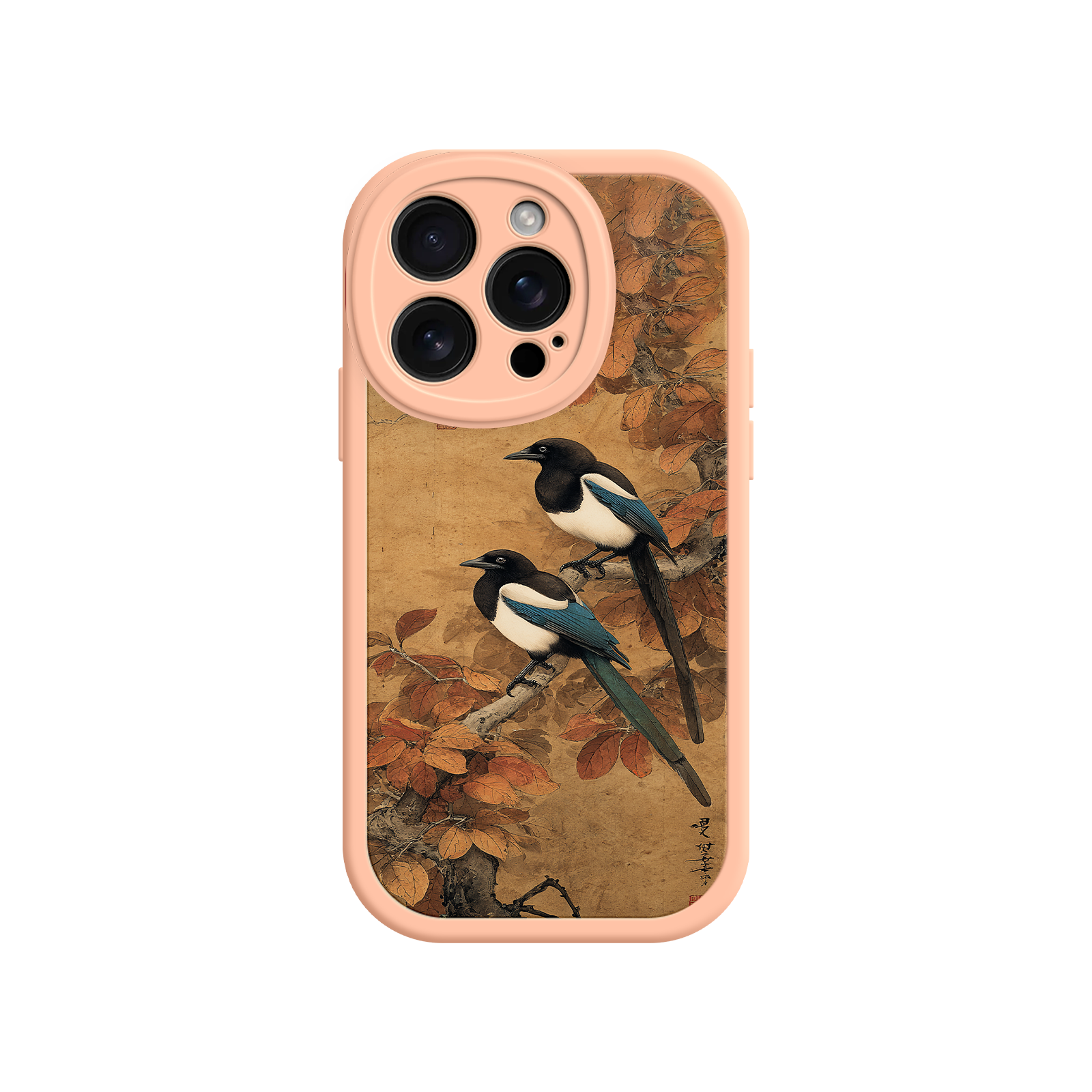 Artistic nature phone case with magpies and foliage