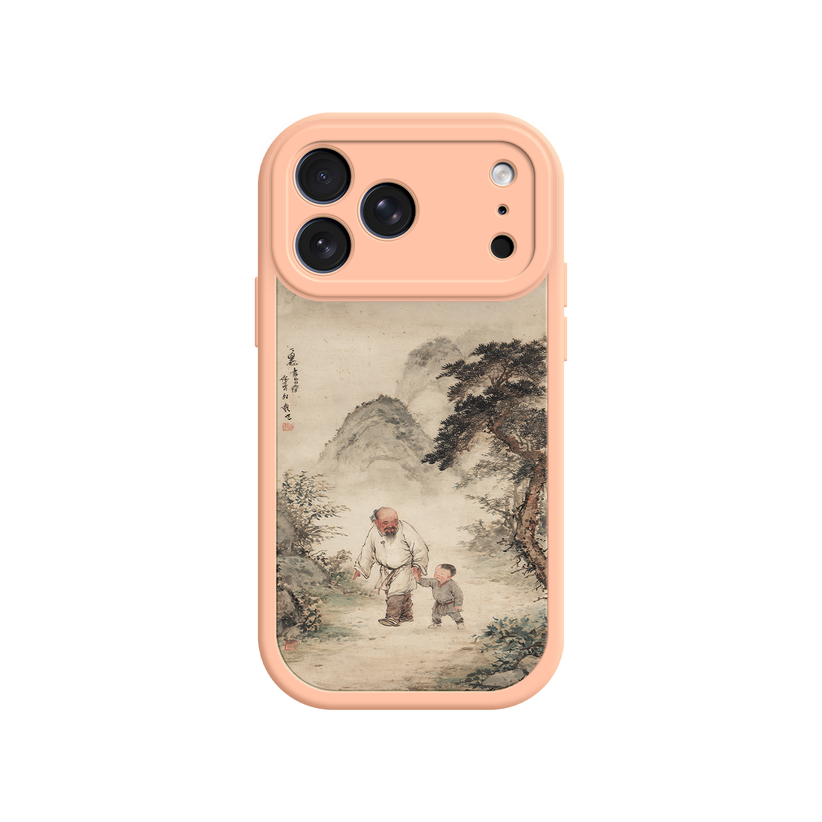 Nature-themed phone case with misty mountains and trees