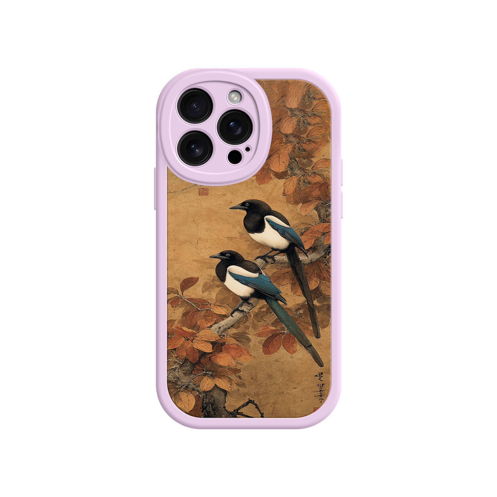 Nature-themed phone case with perched magpies