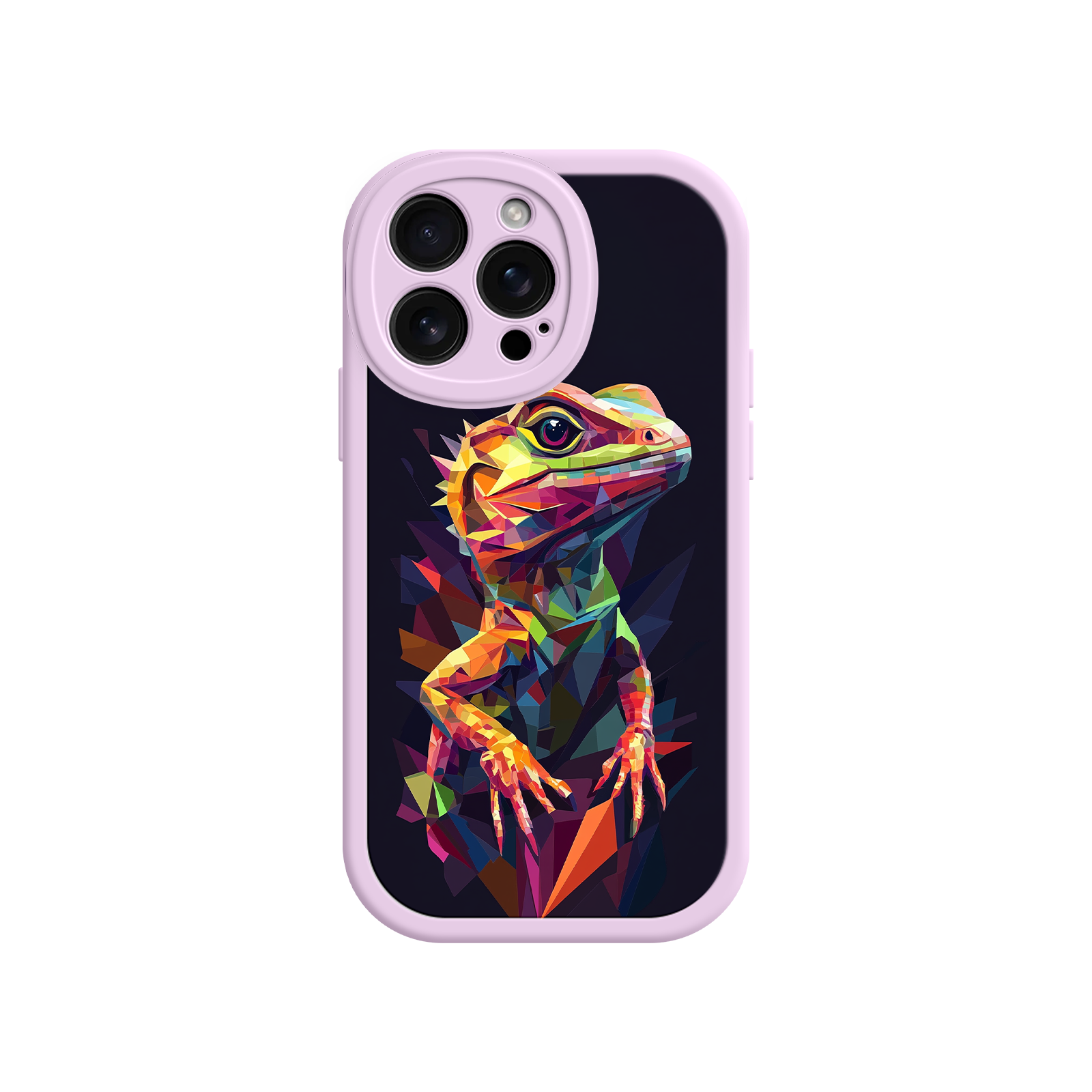 Phone case with a colorful geometric lizard design on a black background