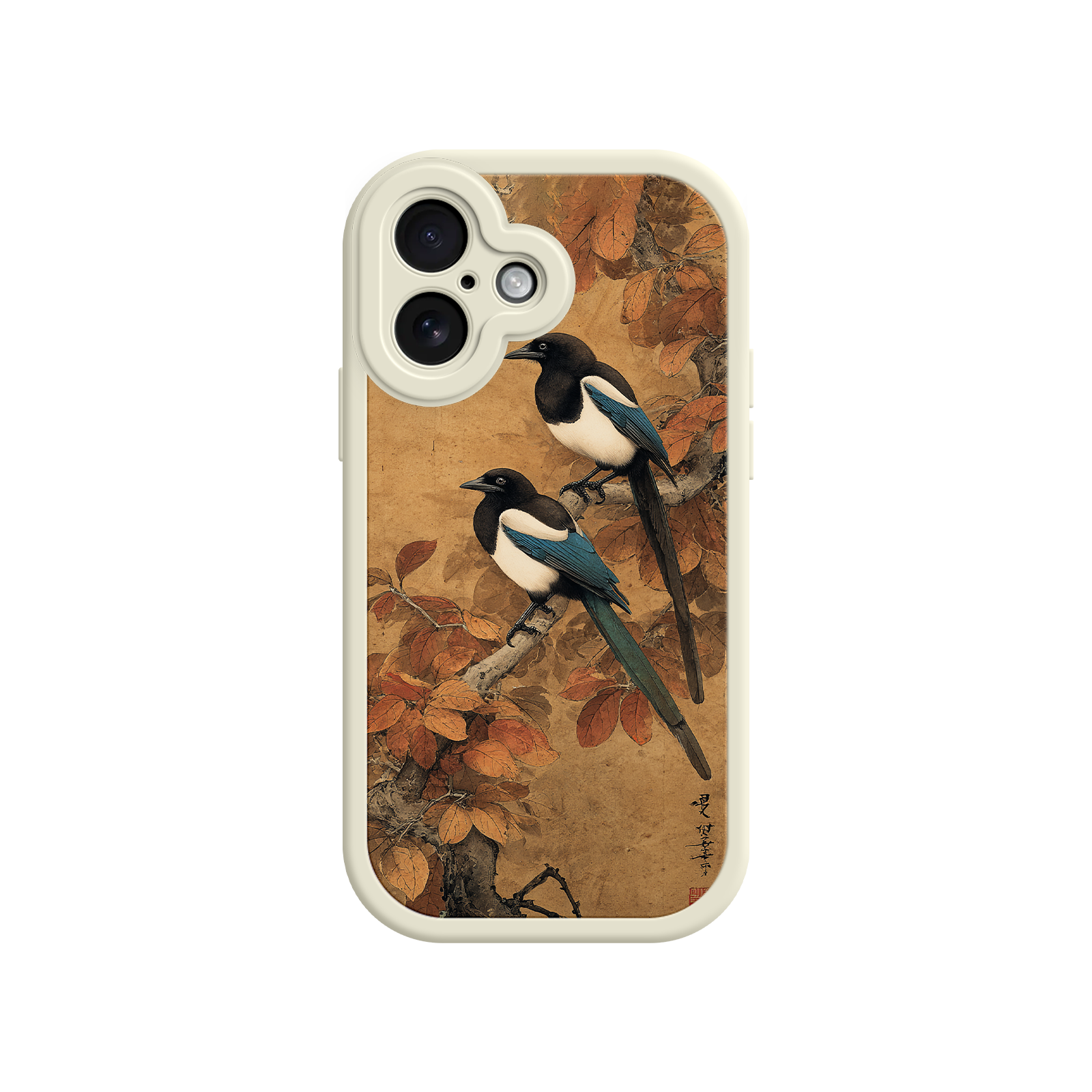 Magpie bird phone case with warm seasonal tones