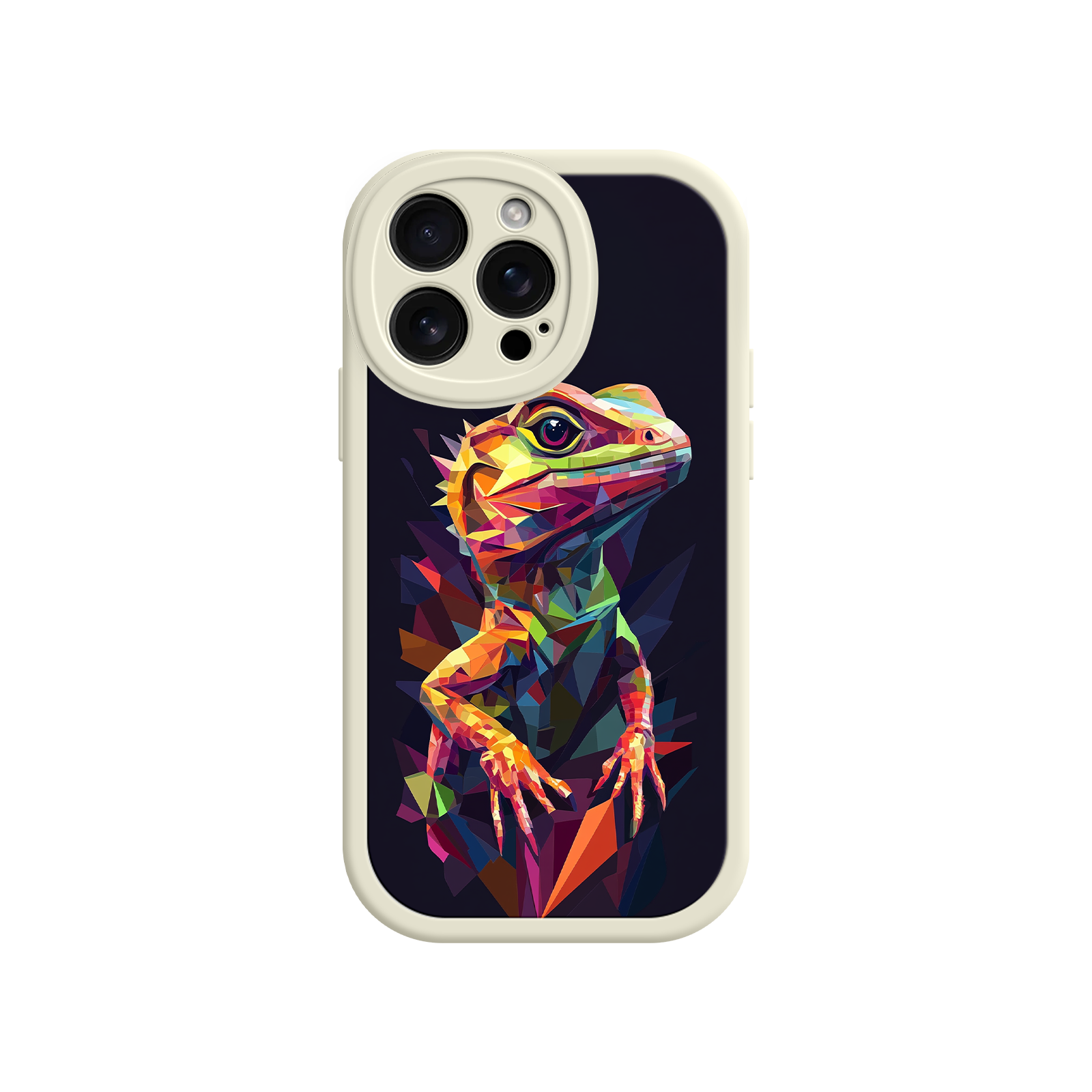 Phone case with a colorful geometric lizard design on a white background