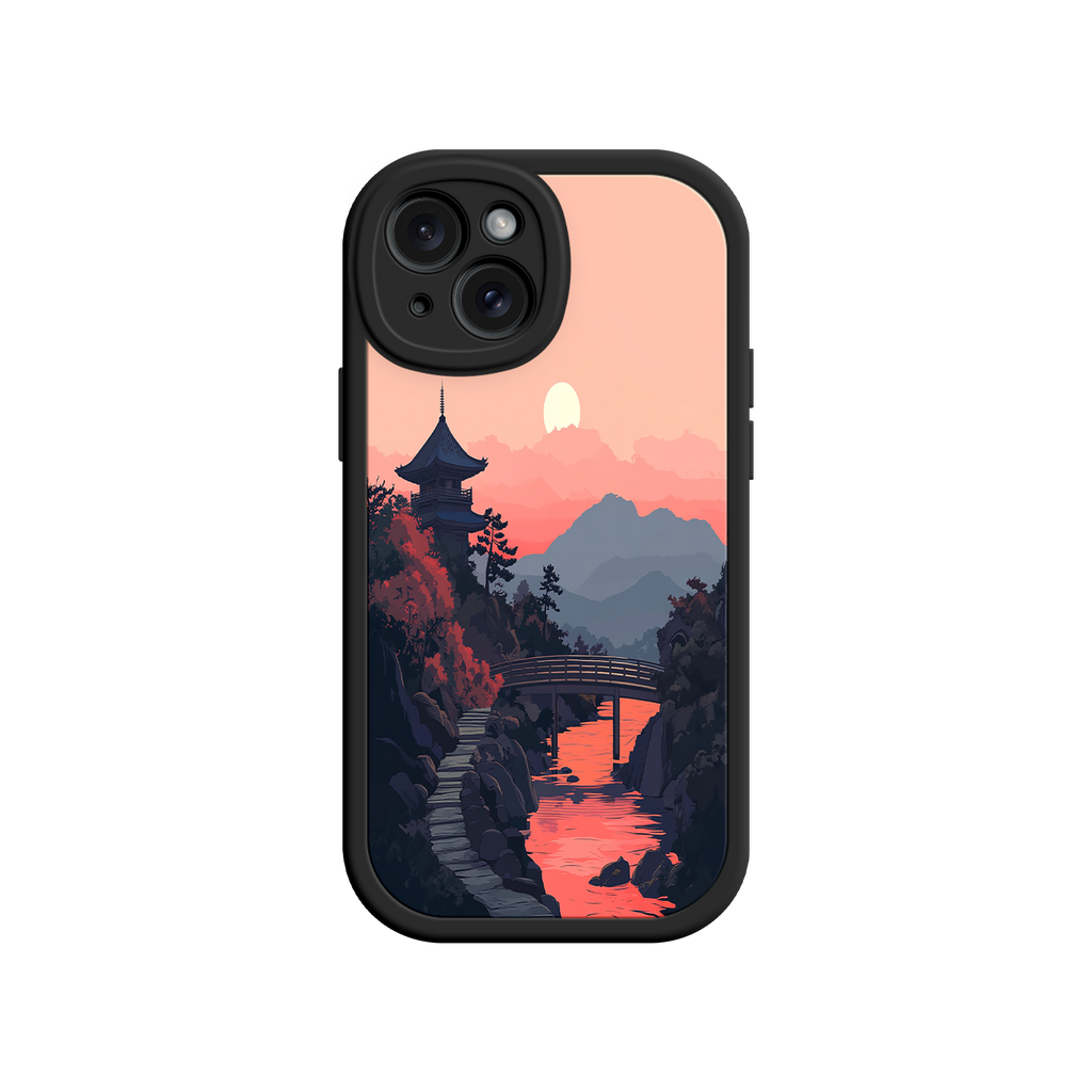Japanese Sunset Landscape Phone Case – Scenic Pagoda Design for iPhone