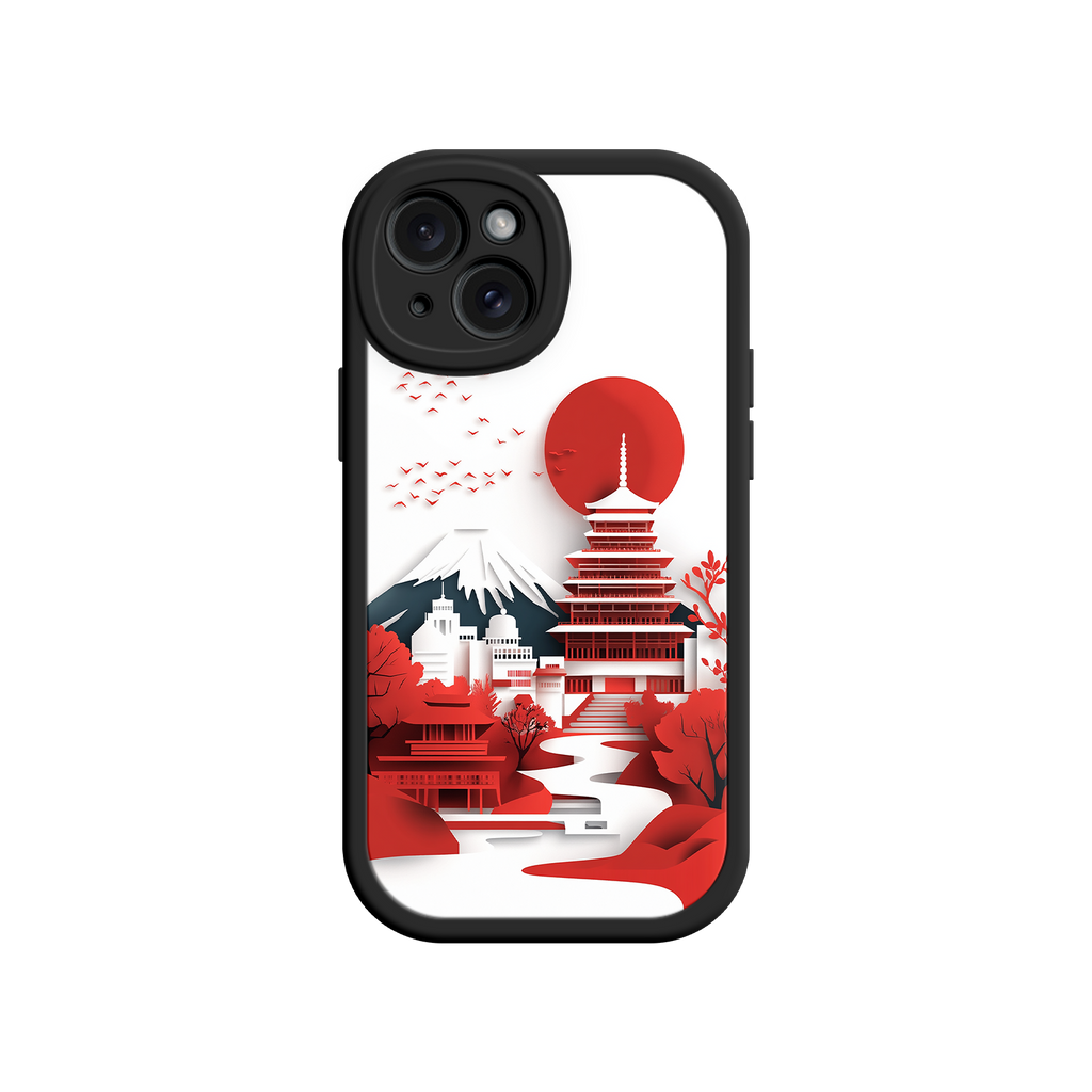 Japanese Pagoda & Mount Fuji Phone Case – Minimalist Red Sun Design for iPhone & Android