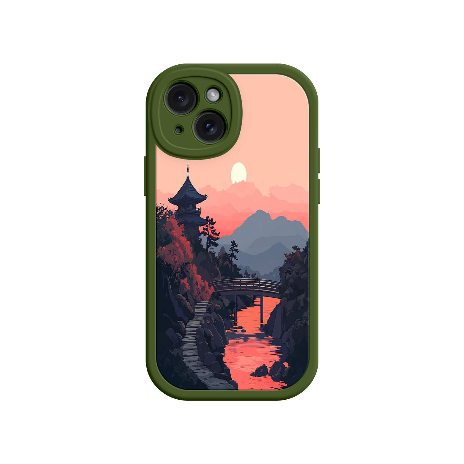 Japanese Sunset Landscape Phone Case – Scenic Pagoda Design for iPhone