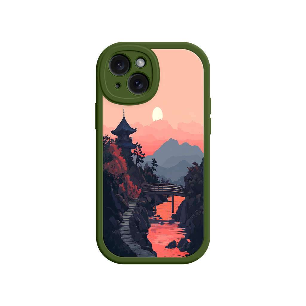Japanese Sunset Landscape Phone Case – Scenic Pagoda Design for iPhone