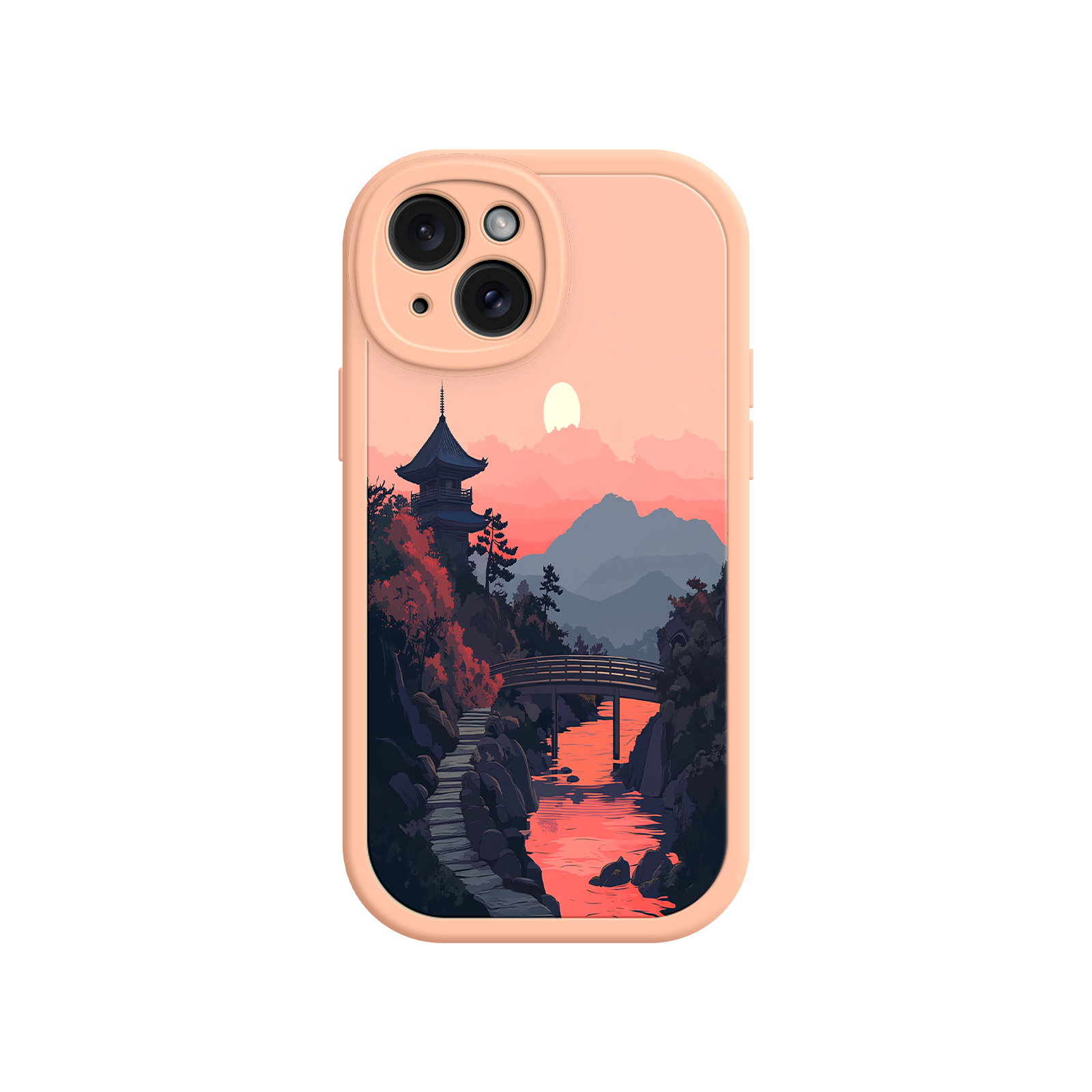 Japanese Sunset Landscape Phone Case – Scenic Pagoda Design for iPhone